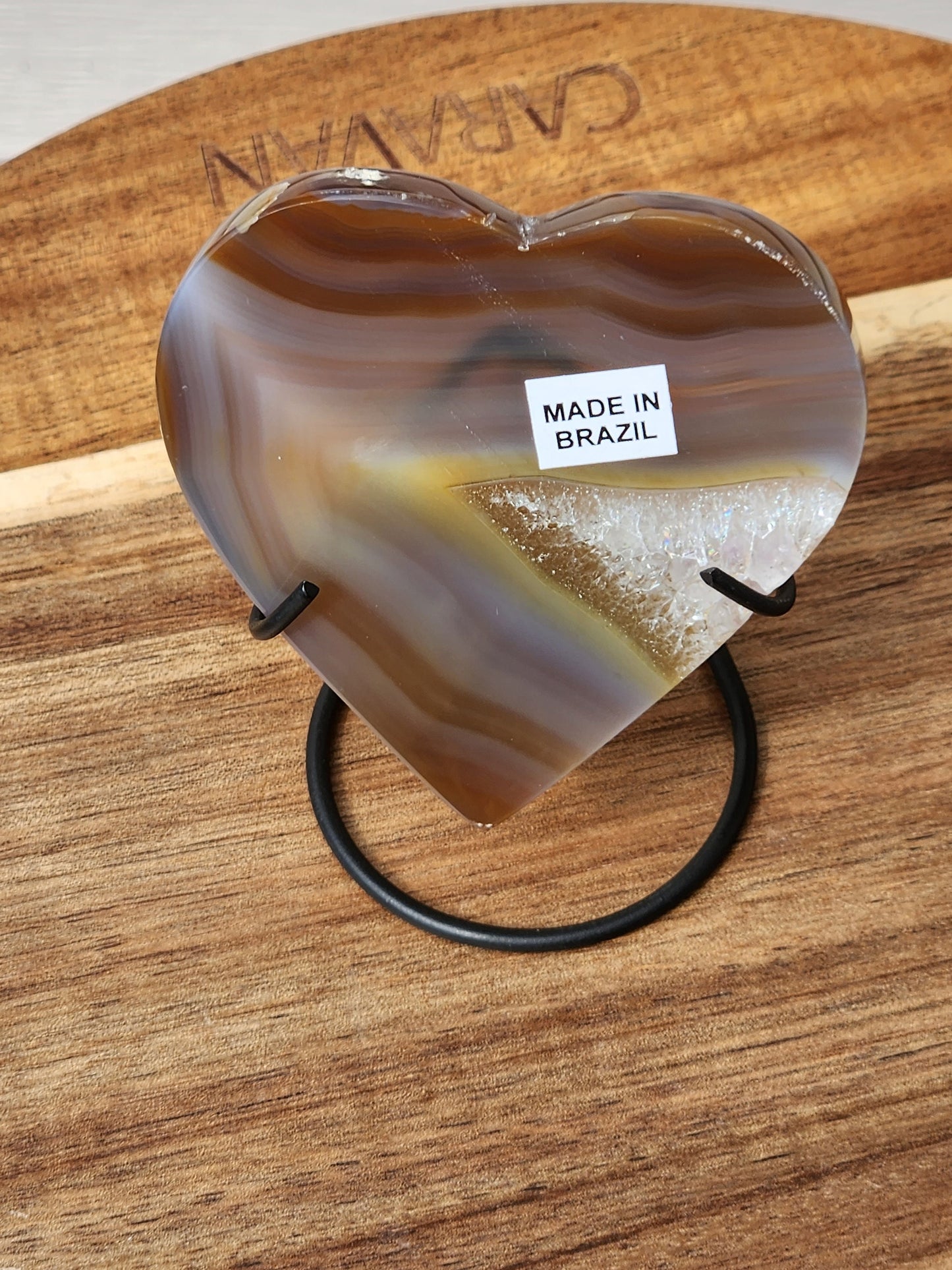 Beautiful High Buttery Polished Druzy Agate Crystal Rock Heart Slice on metal stand