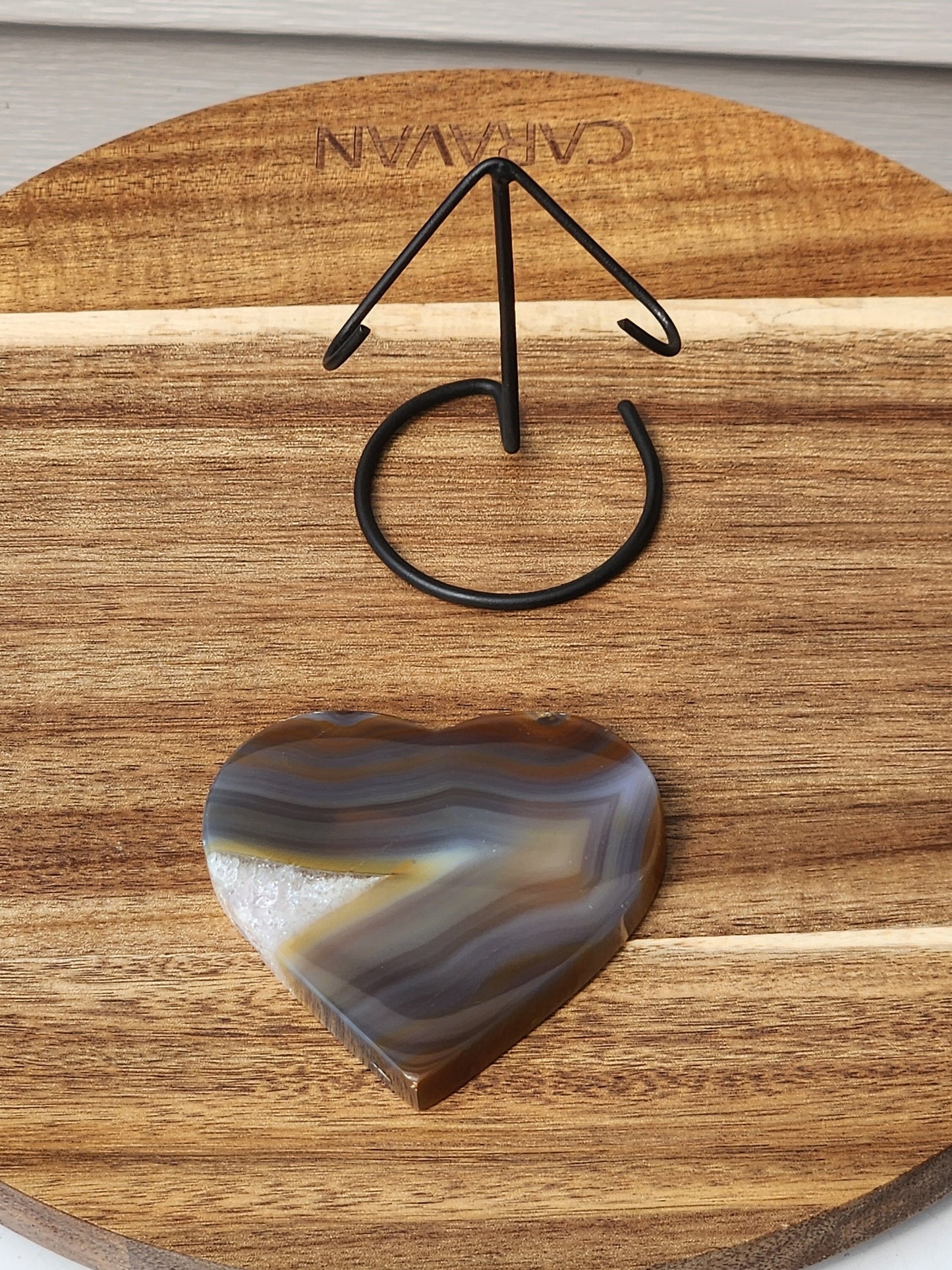 Beautiful High Buttery Polished Druzy Agate Crystal Rock Heart Slice on metal stand