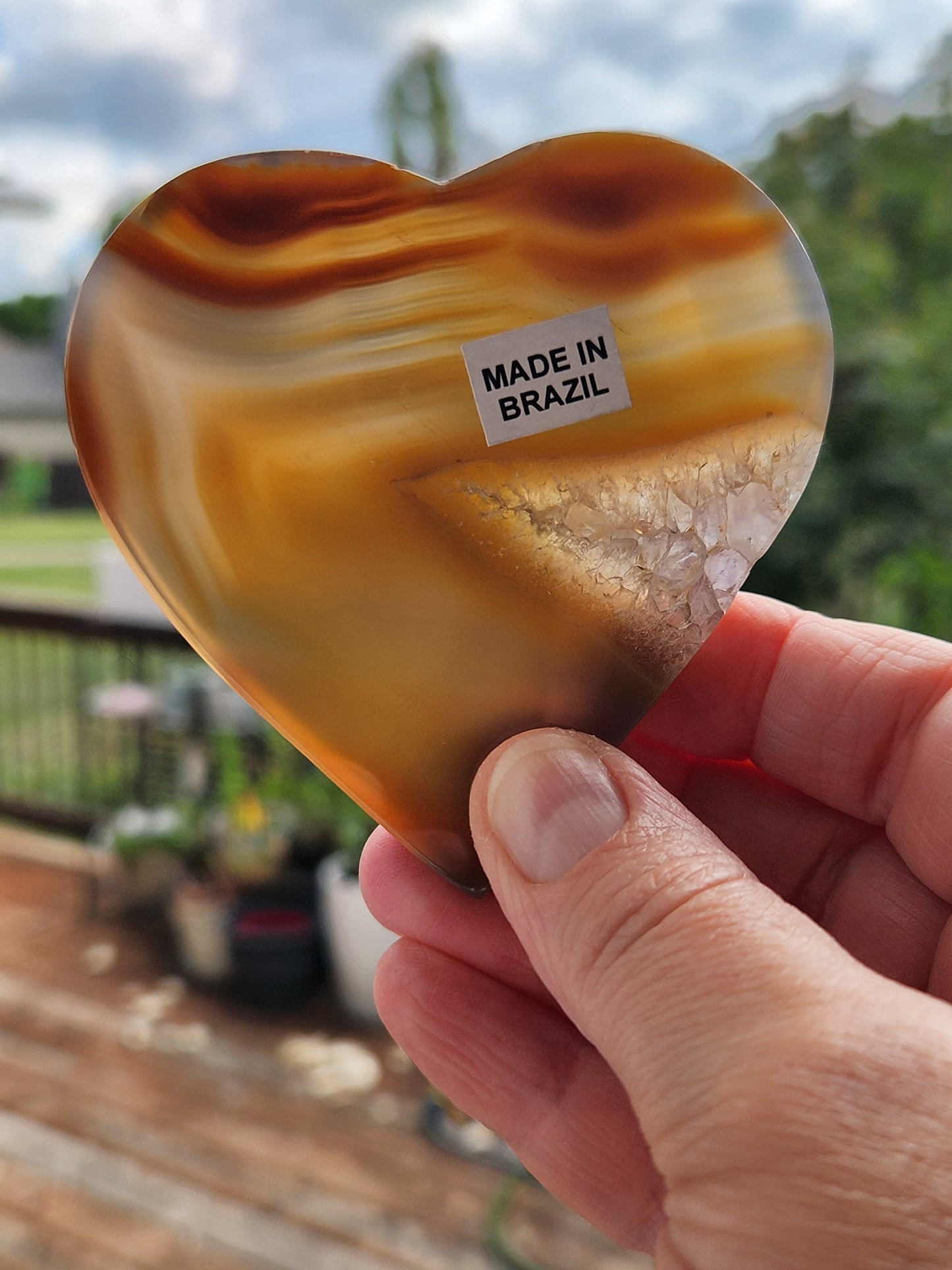 Beautiful High Buttery Polished Druzy Agate Crystal Rock Heart Slice on metal stand