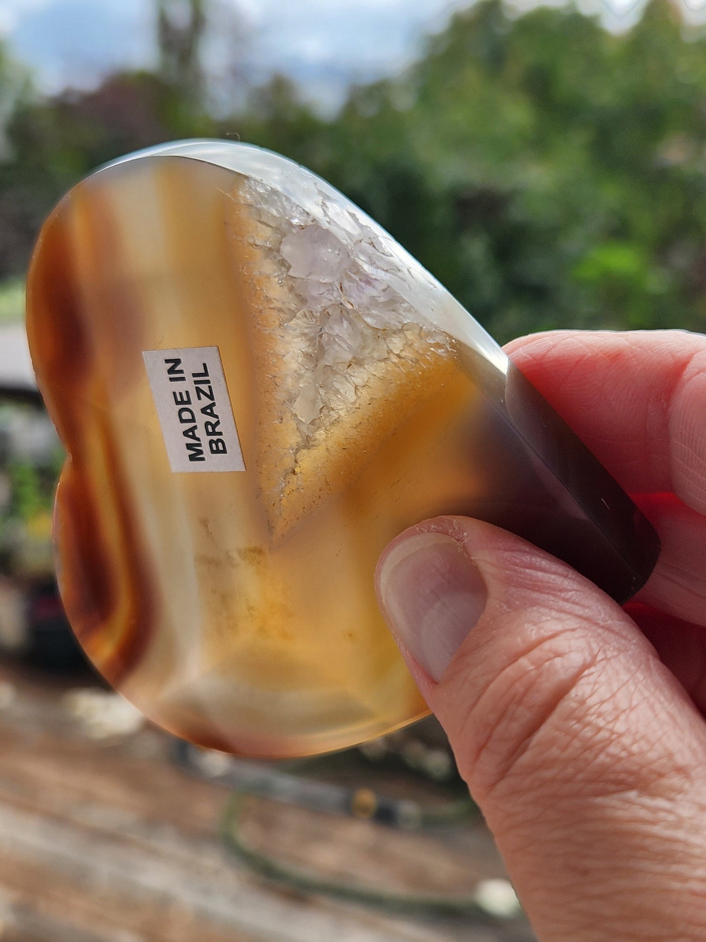 Beautiful High Buttery Polished Druzy Agate Crystal Rock Heart Slice on metal stand