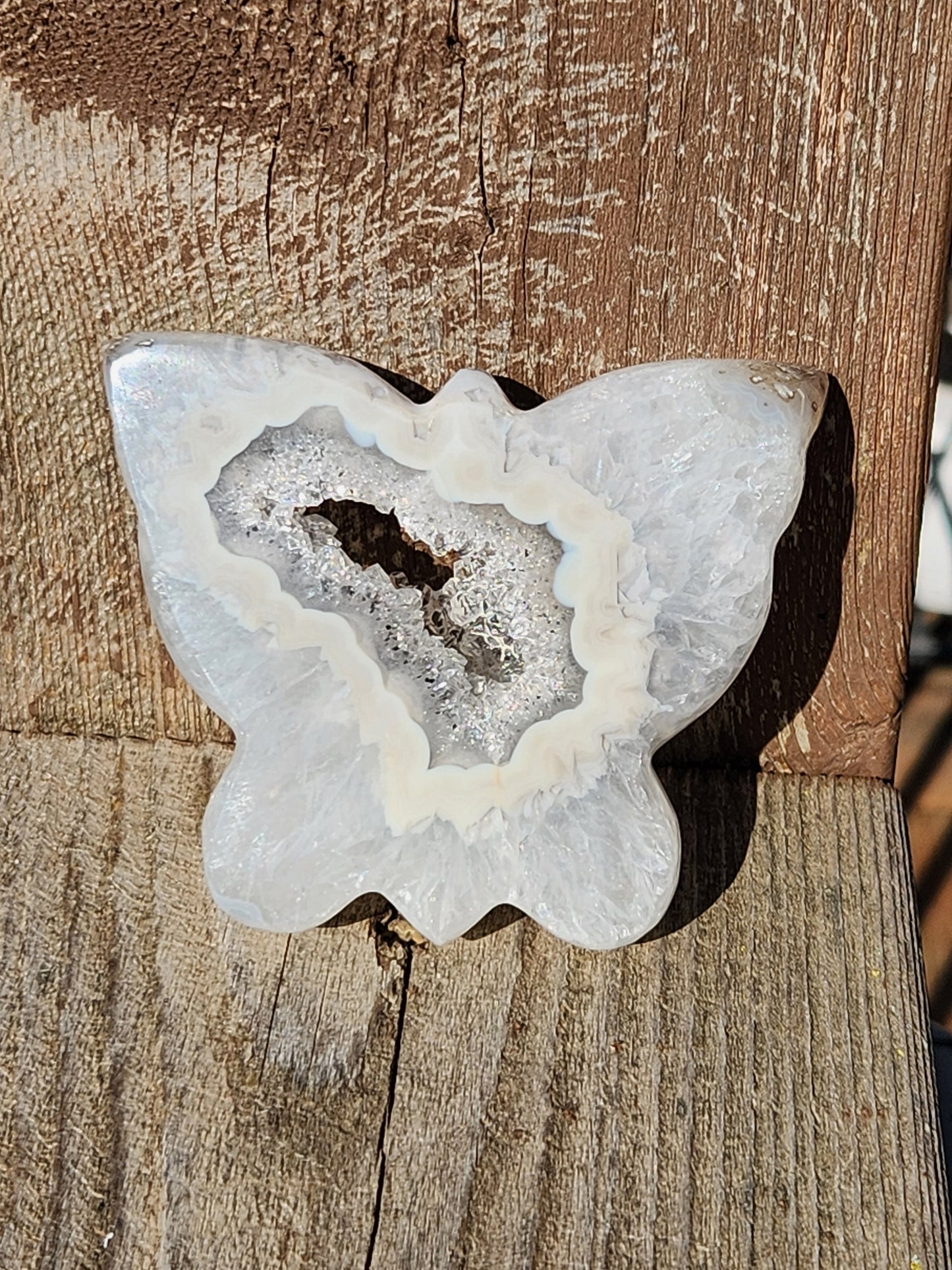 Banded Druzy Agate Butterfly: White & Silver Gray Crystal with Stand