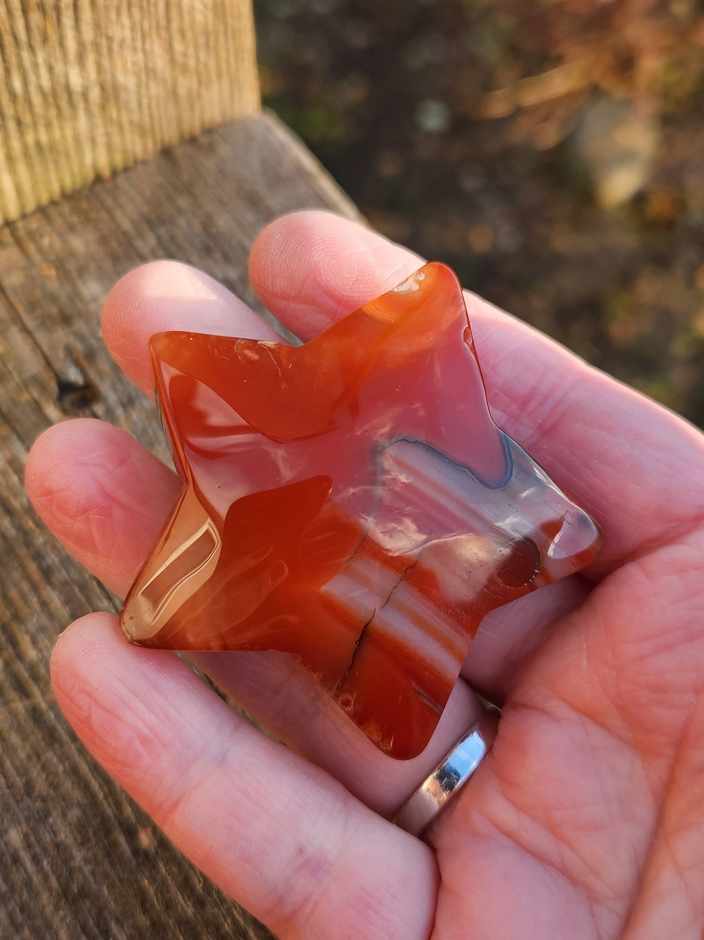 Polished Carnelian Crystal Star: Pocket Palm Stone