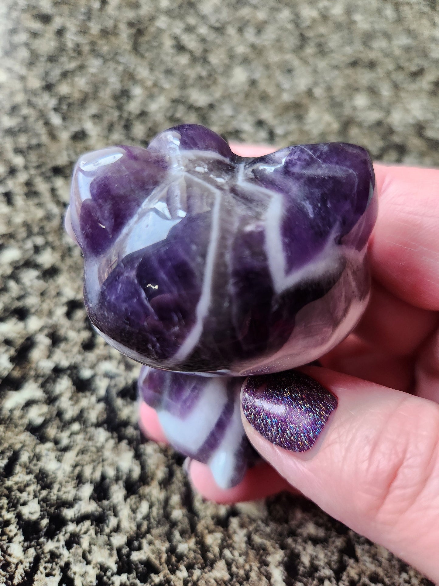 Carved Dream Amethyst Hello Kitty Figurine: Chevron Crystal Stone