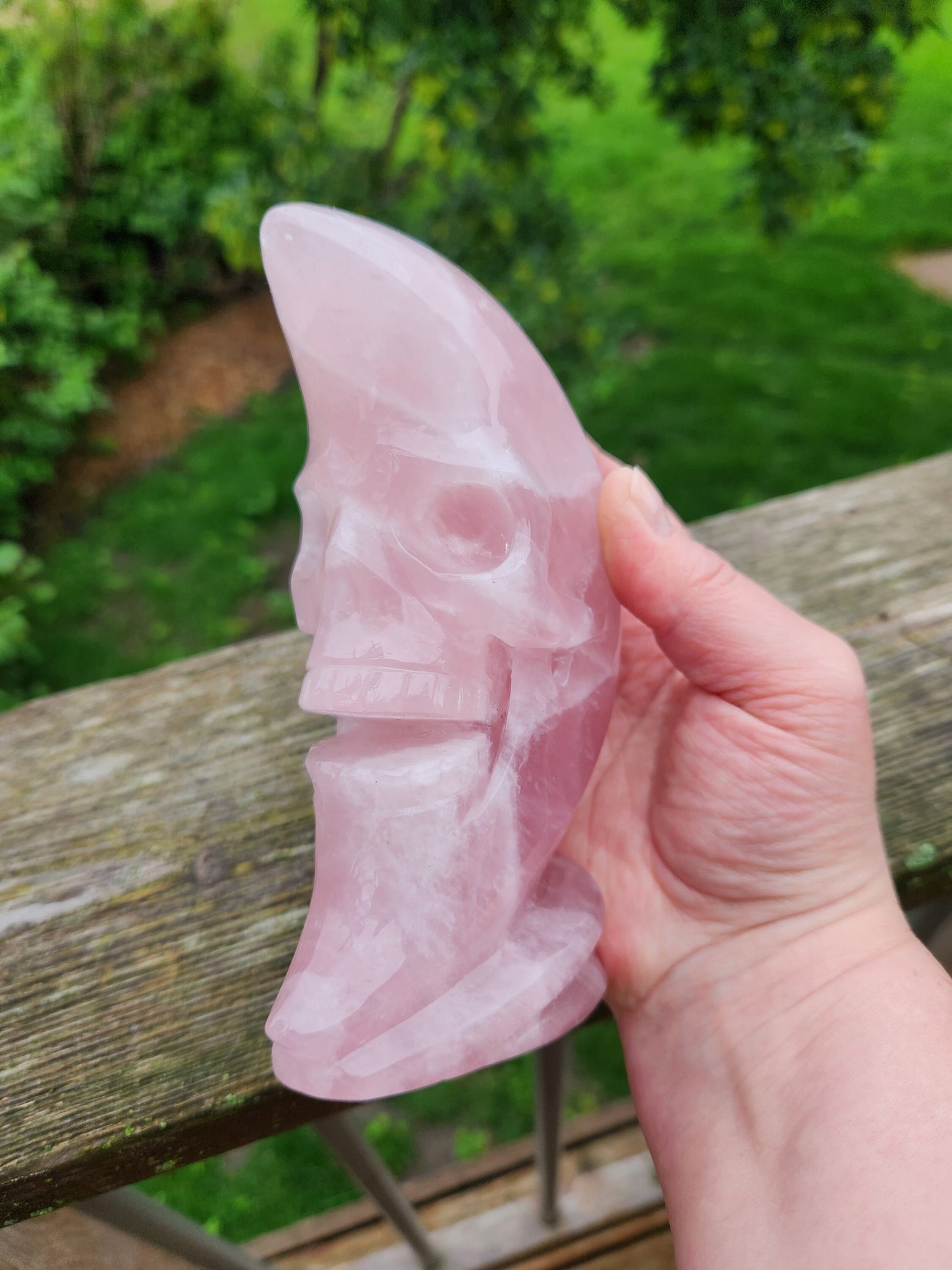 Beautiful AAA Pink Rose Quartz Crystal Carved Skull Moon