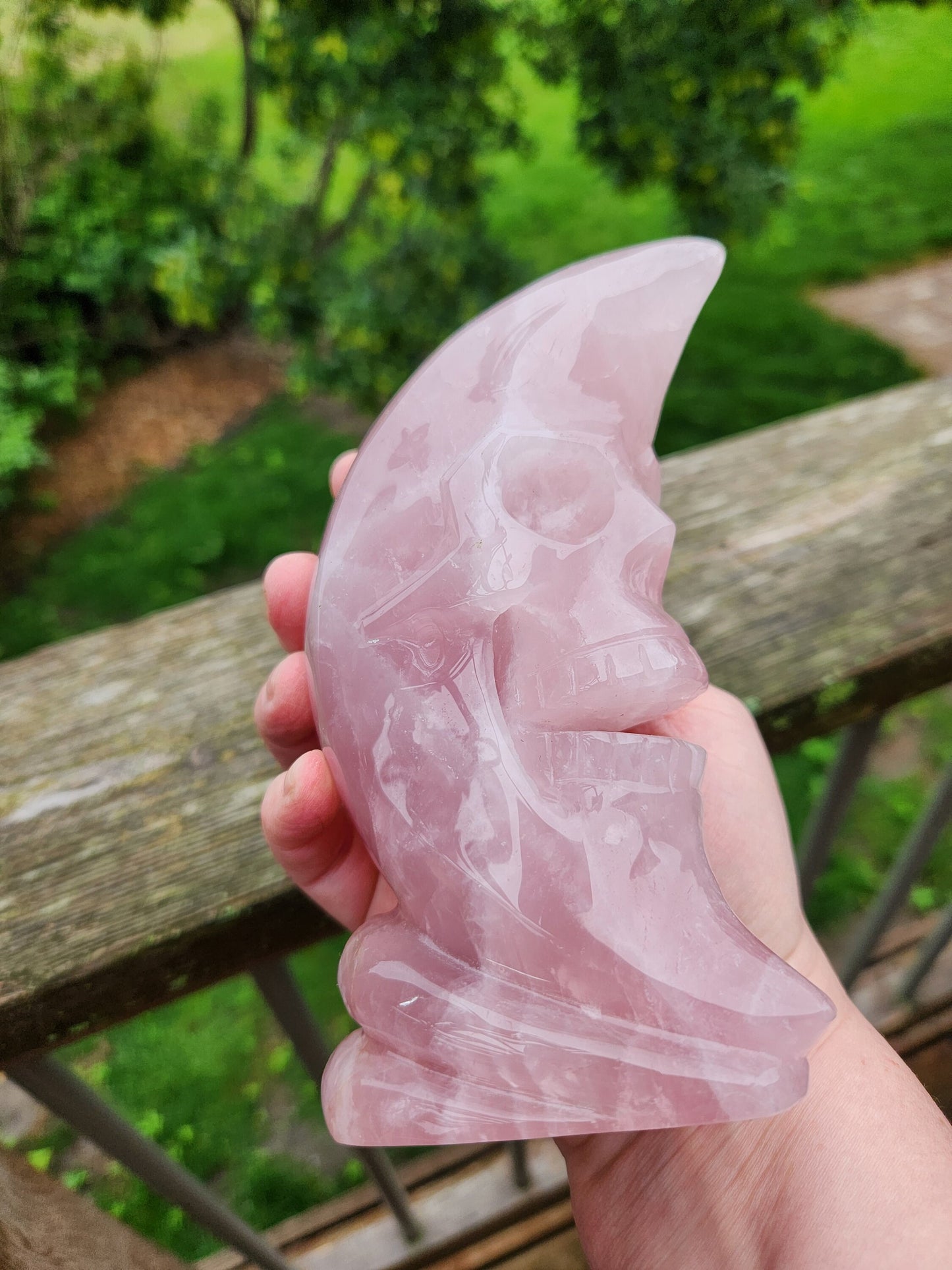 Beautiful AAA Pink Rose Quartz Crystal Carved Skull Moon