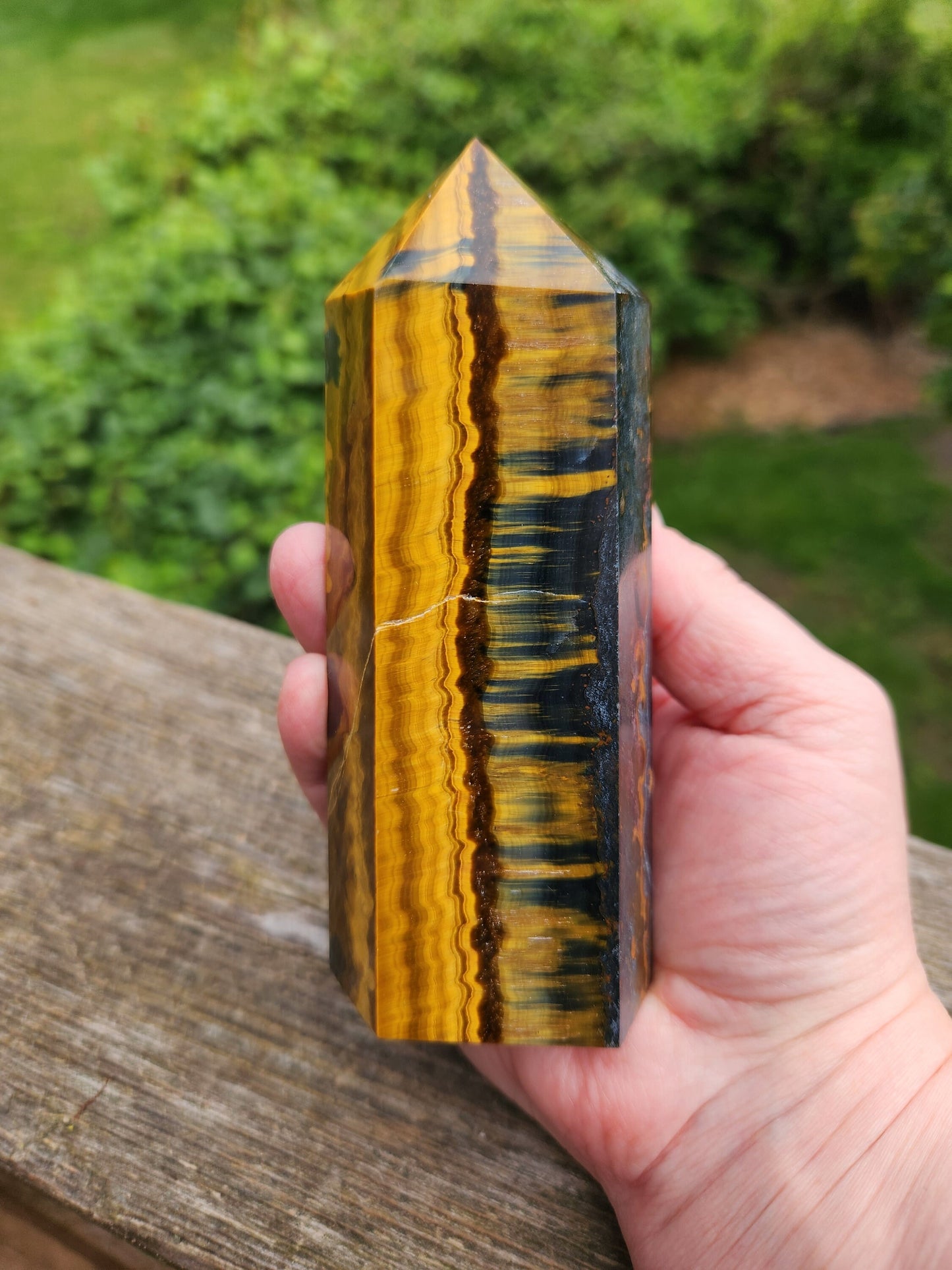 Gorgeous Juicy Blue Tigers Eye Tower Crystal, Stone with Golden Shimmer, 6 Point, Generator