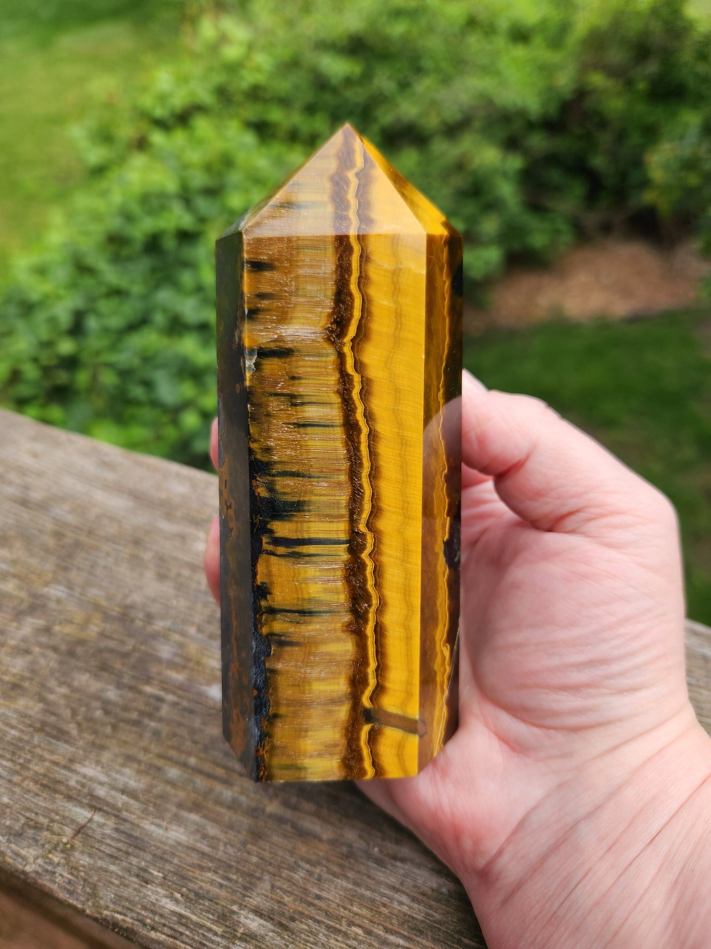 Gorgeous Juicy Blue Tigers Eye Tower Crystal, Stone with Golden Shimmer, 6 Point, Generator