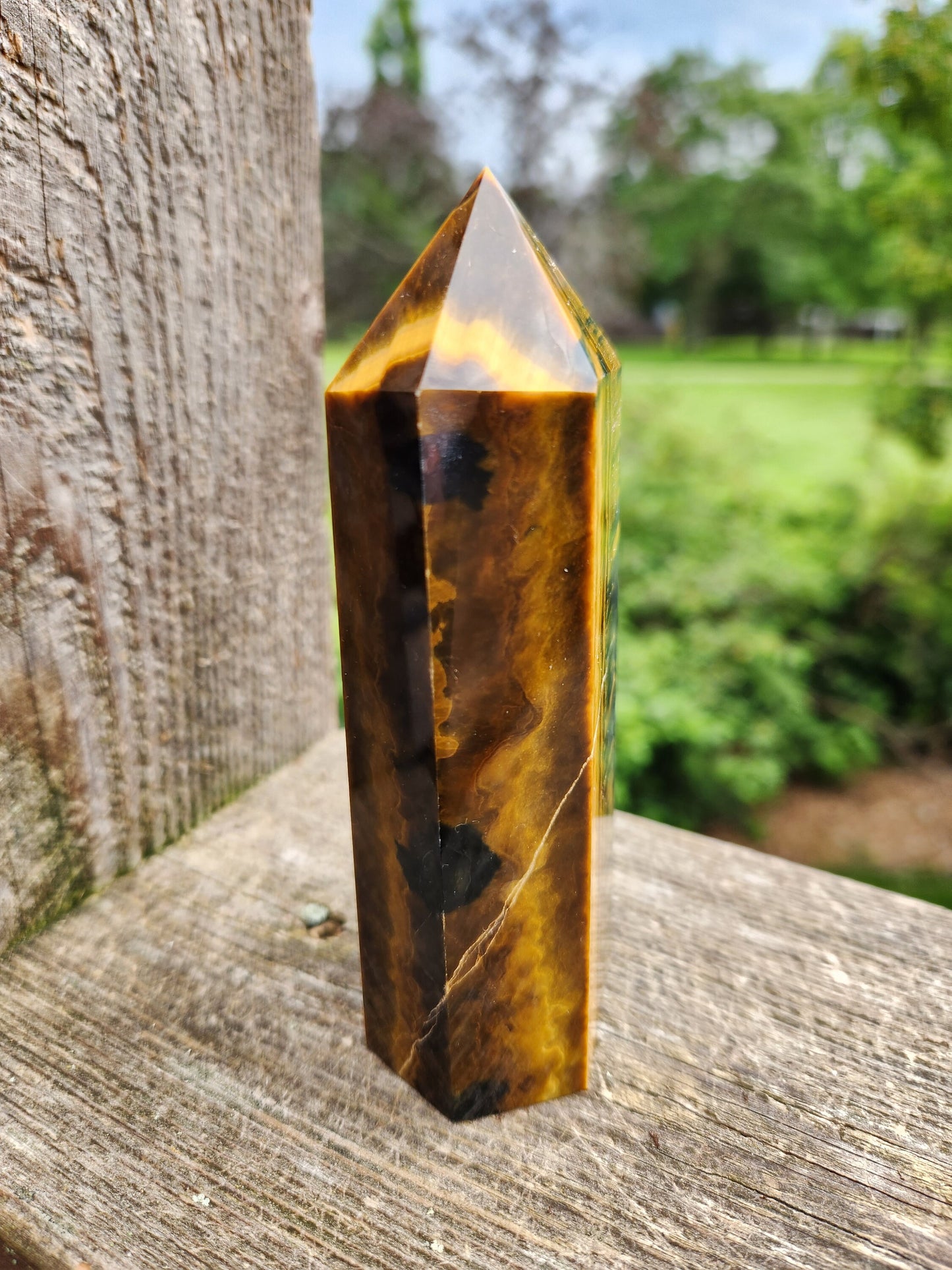 Gorgeous Juicy Blue Tigers Eye Tower Crystal, Stone with Golden Shimmer, 6 Point, Generator