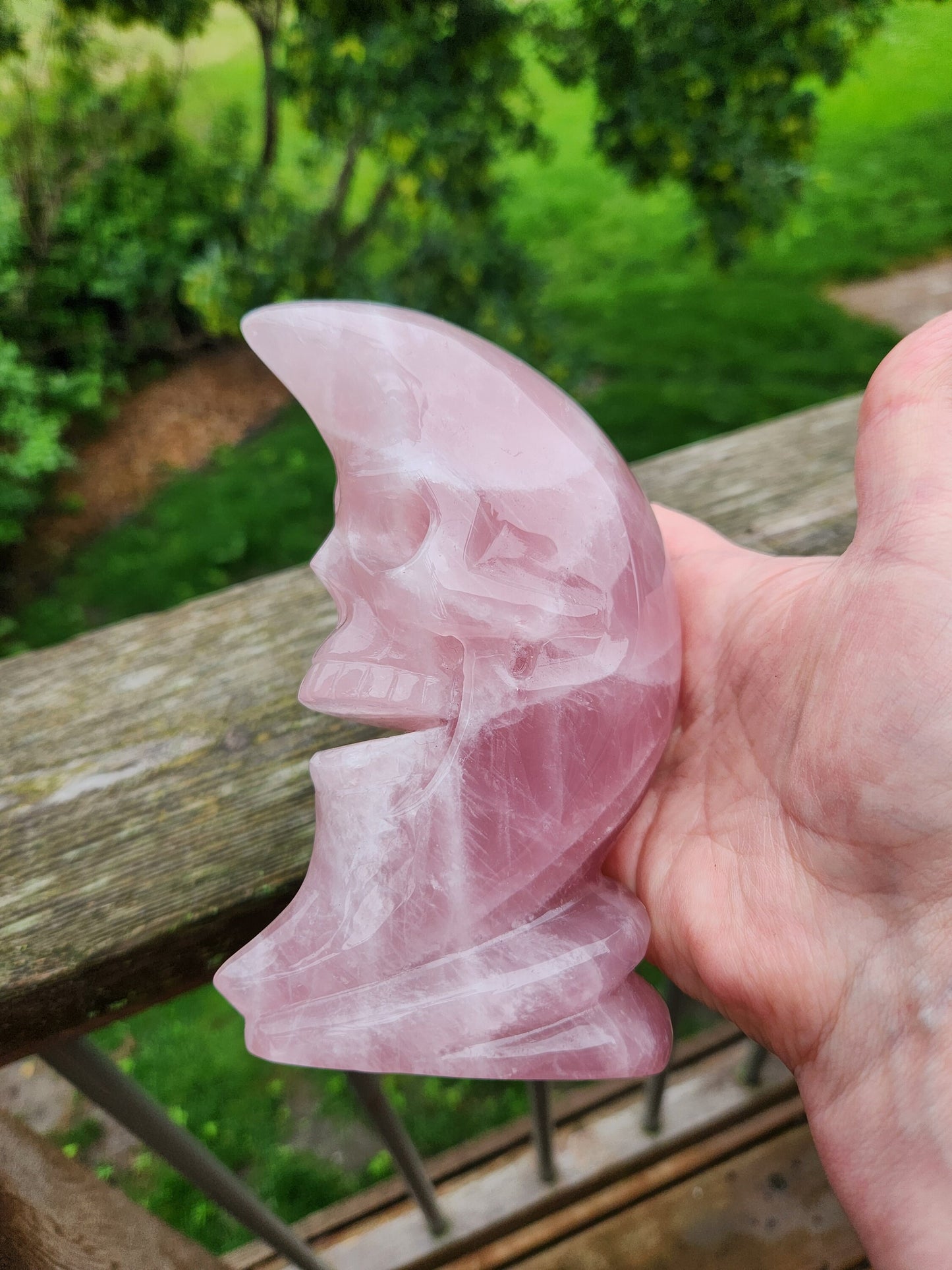 Beautiful AAA Pink Rose Quartz Crystal Carved Skull Moon
