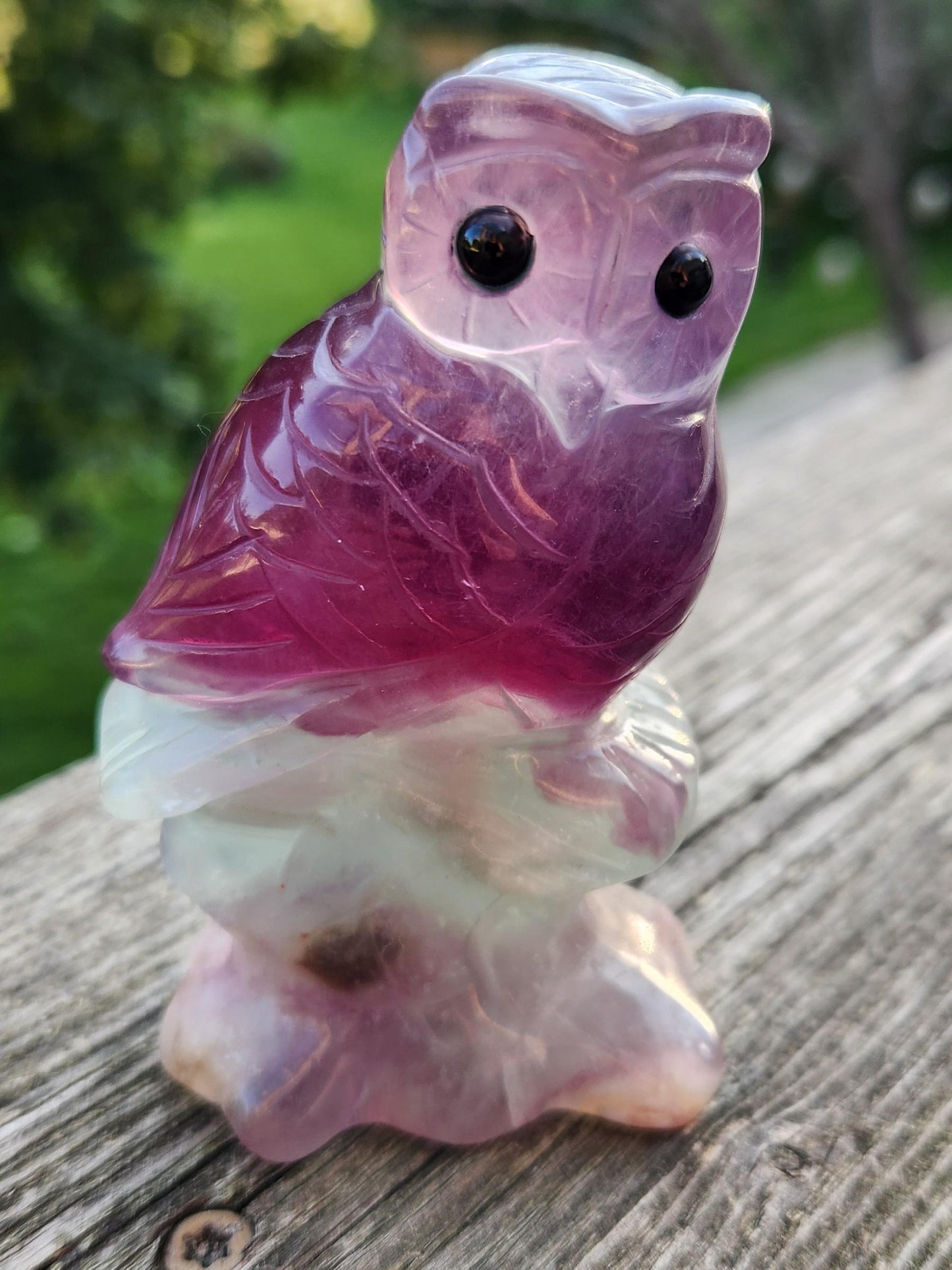 Carved Candy Fluorite Crystal Owl on Natural Root Stone, Unique