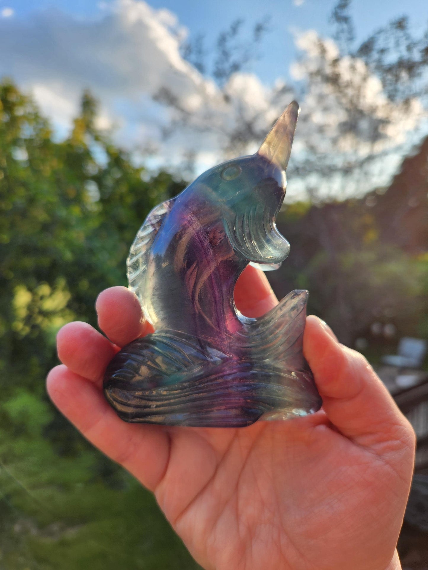 Beautiful Carved Candy Fluorite Crystal Narwhal Natural Stone, So Colorful, Unique