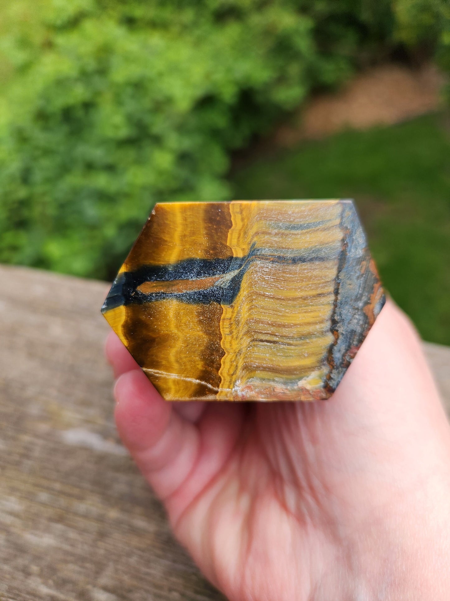 Gorgeous Juicy Blue Tigers Eye Tower Crystal, Stone with Golden Shimmer, 6 Point, Generator