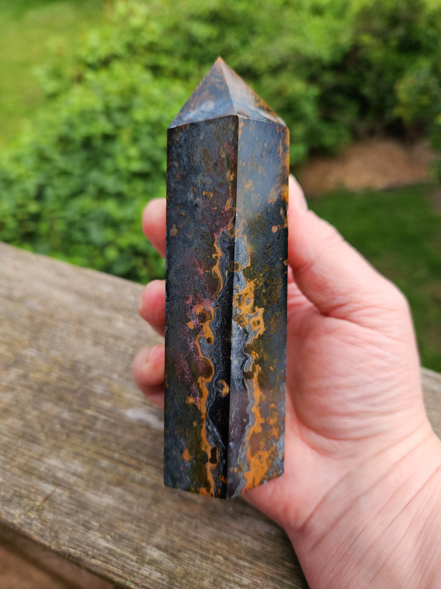 Gorgeous Juicy Blue Tigers Eye Tower Crystal, Stone with Golden Shimmer, 6 Point, Generator