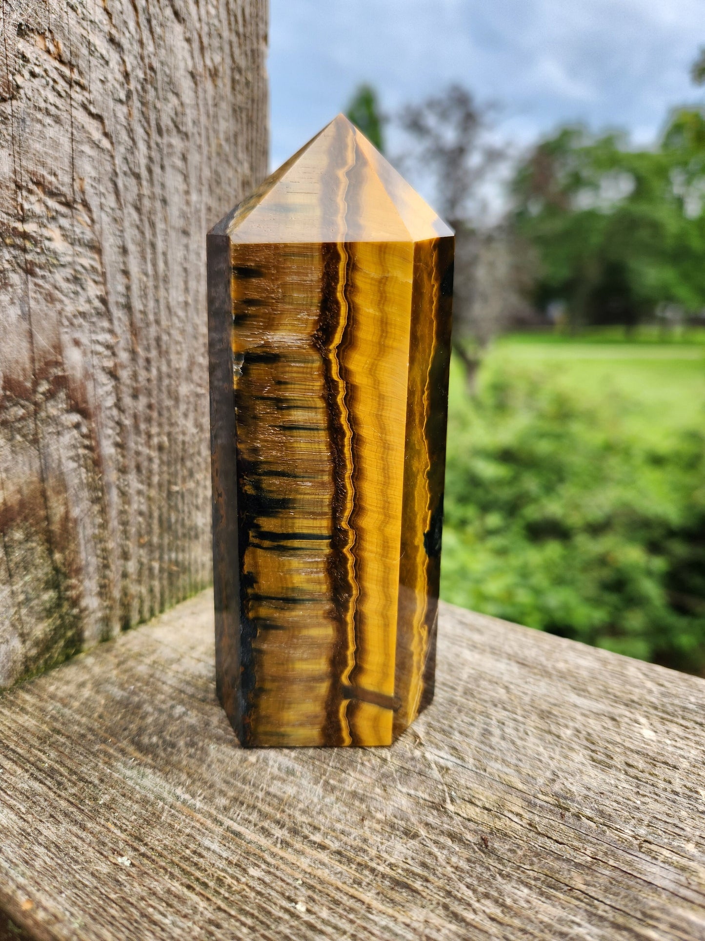 Gorgeous Juicy Blue Tigers Eye Tower Crystal, Stone with Golden Shimmer, 6 Point, Generator