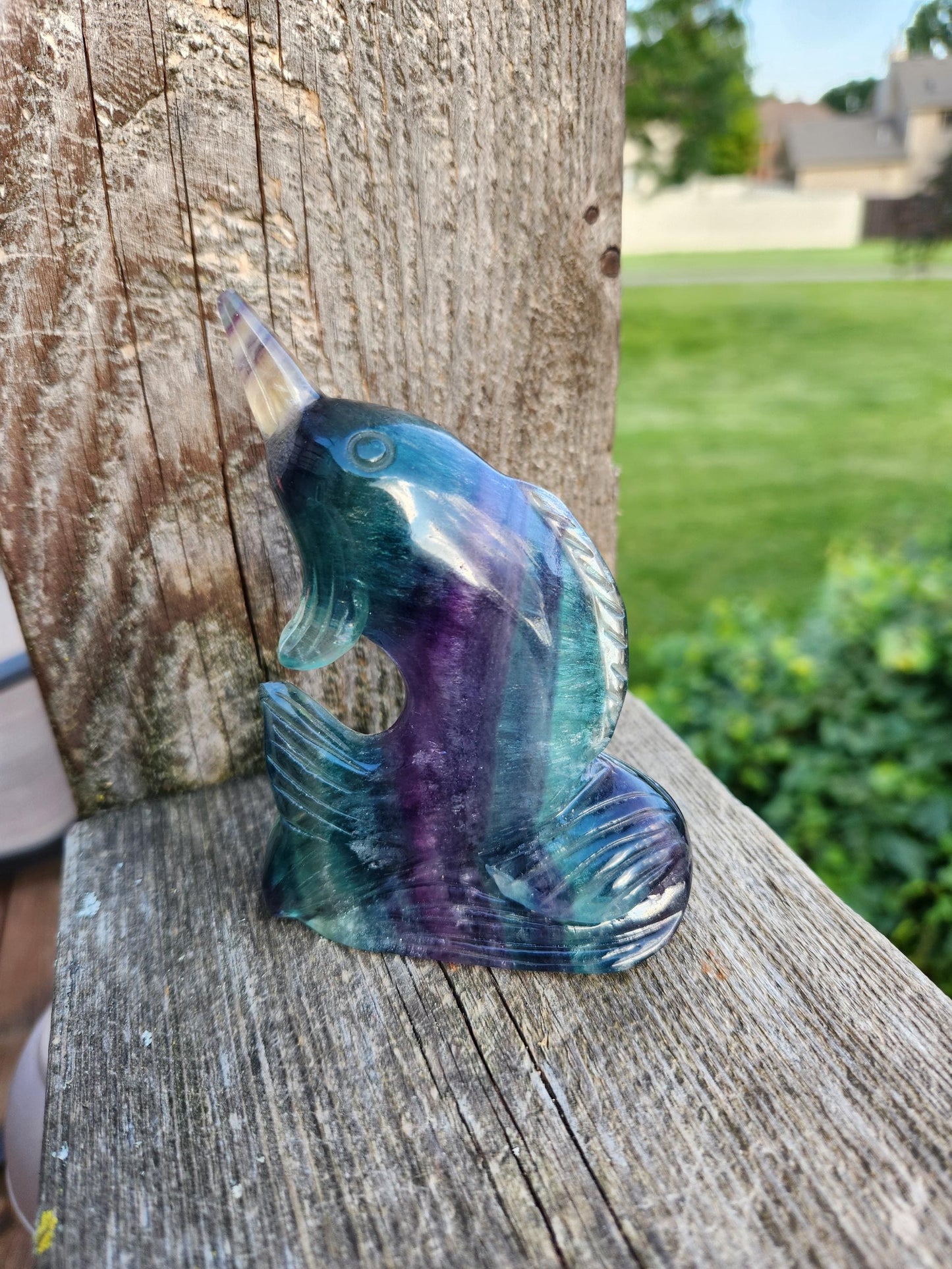 Carved Candy Fluorite Crystal Narwhal: Natural Stone Sculpture