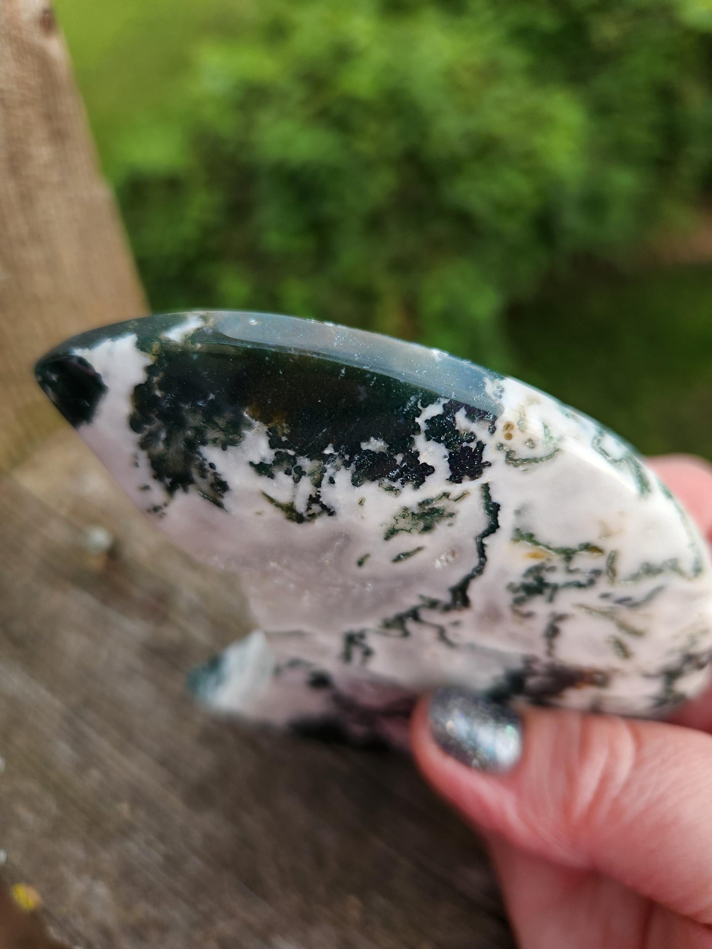 AAA Druzy Moss Agate Crystal Carved Moon, Large