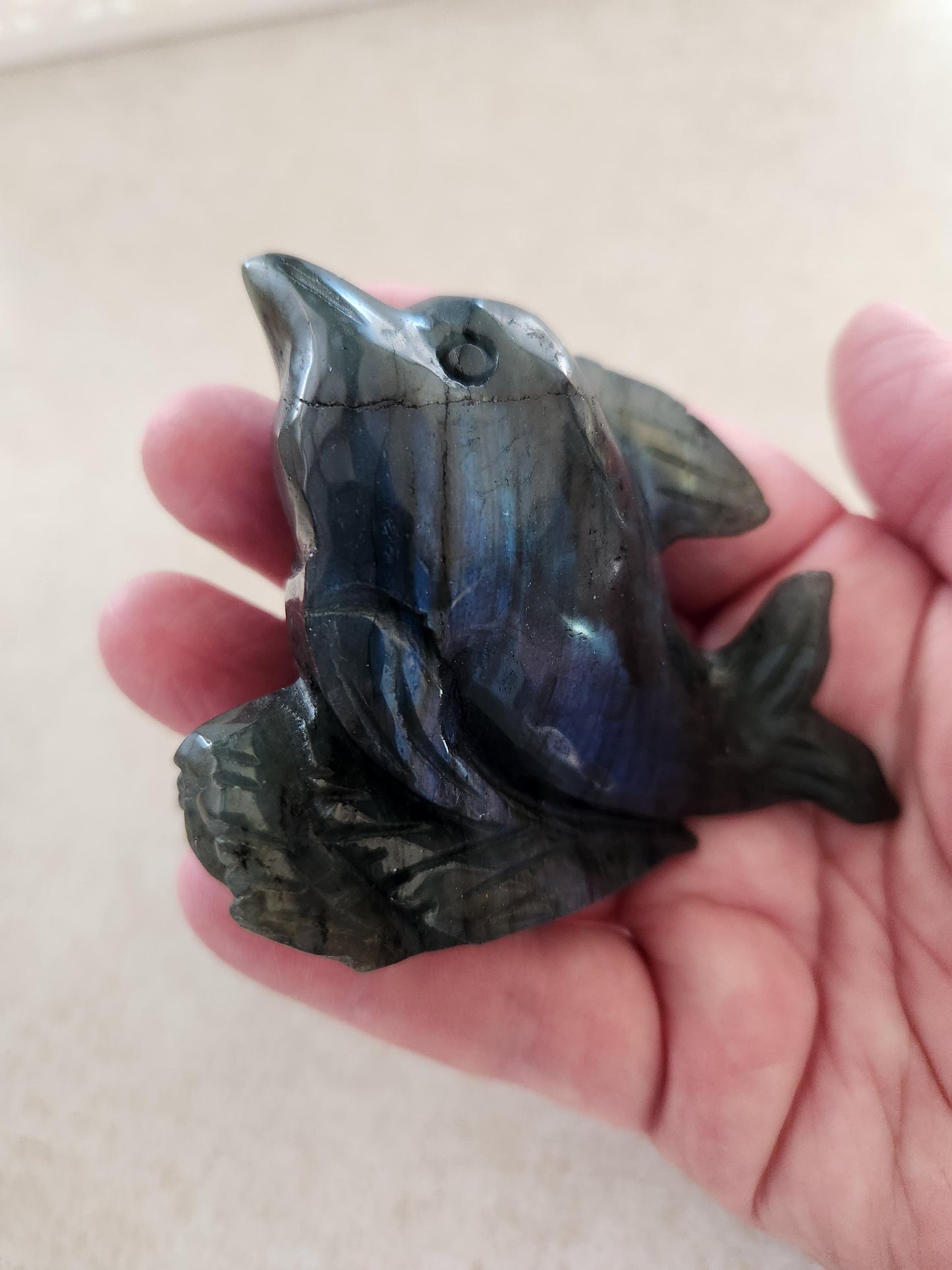 Very Unique & Rare Labradorite Small Dolphin Carved Crystal with Blue flash, Ocean Carving