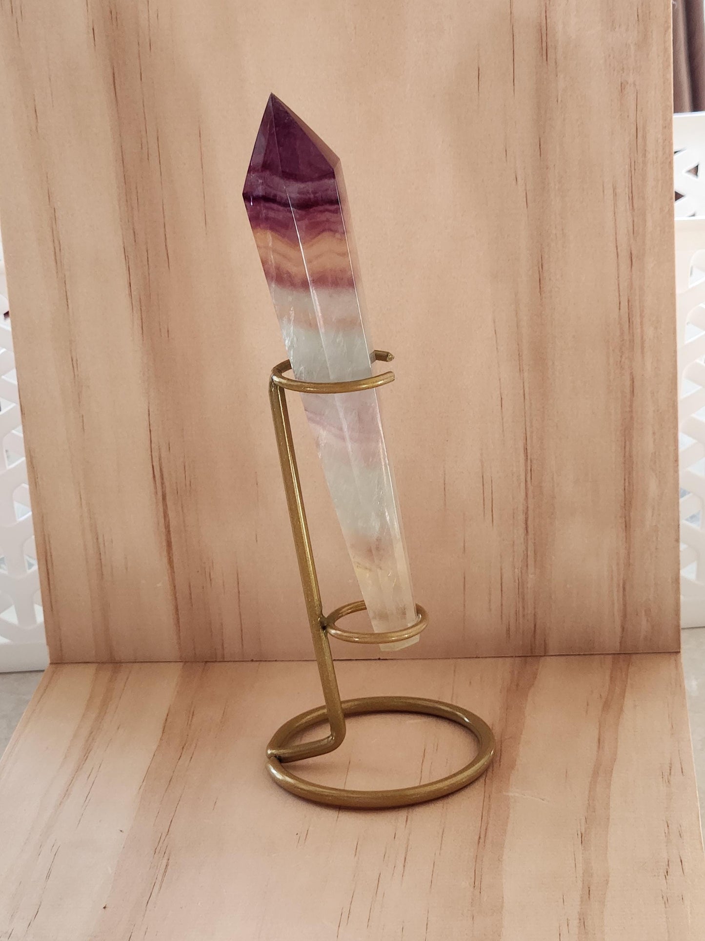 Beautiful Colorful Rainbow Fluorite Crystal Six Pointed Wand on a Stand