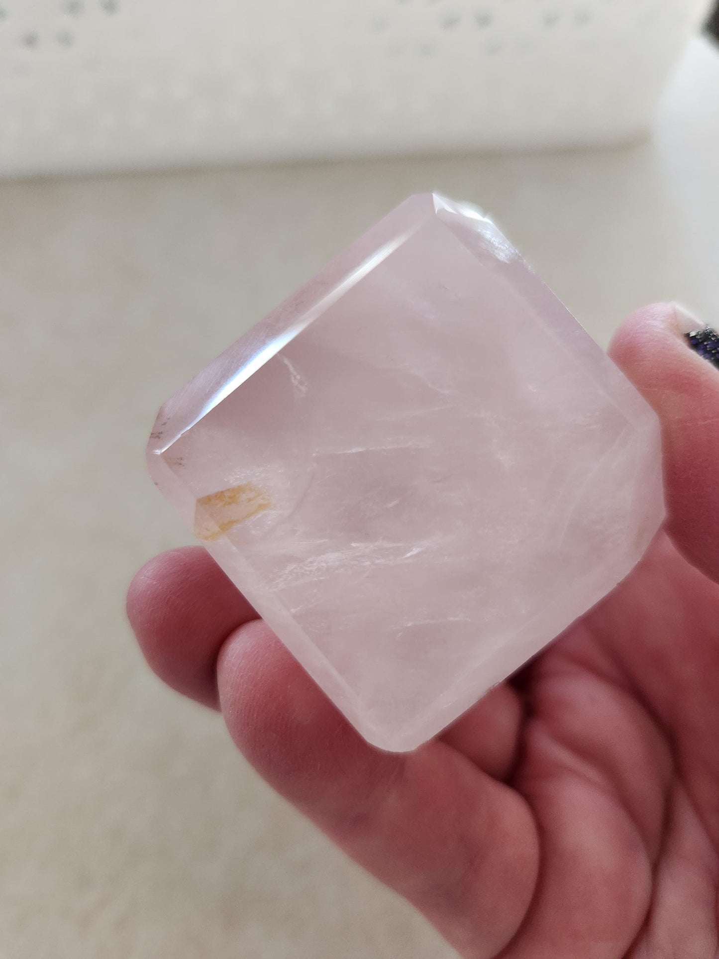 Beautiful AAA Pink Rose Quartz Crystal Cube with a touch of Golden Healer
