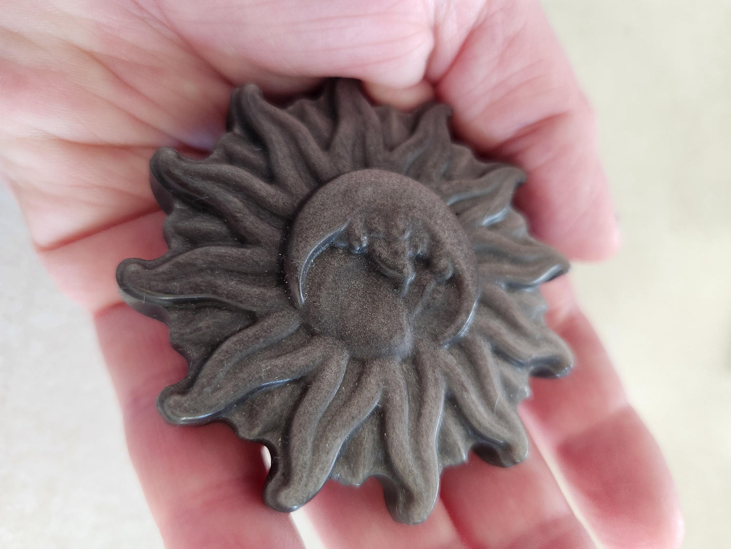 Beautiful Silver Sheen Obsidian Carved Sun and Moon Crystal with Silver Flash, One