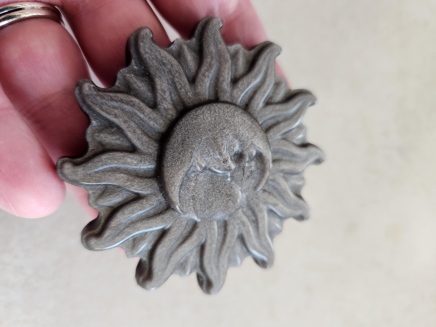 Beautiful Silver Sheen Obsidian Carved Sun and Moon Crystal with Silver Flash, One