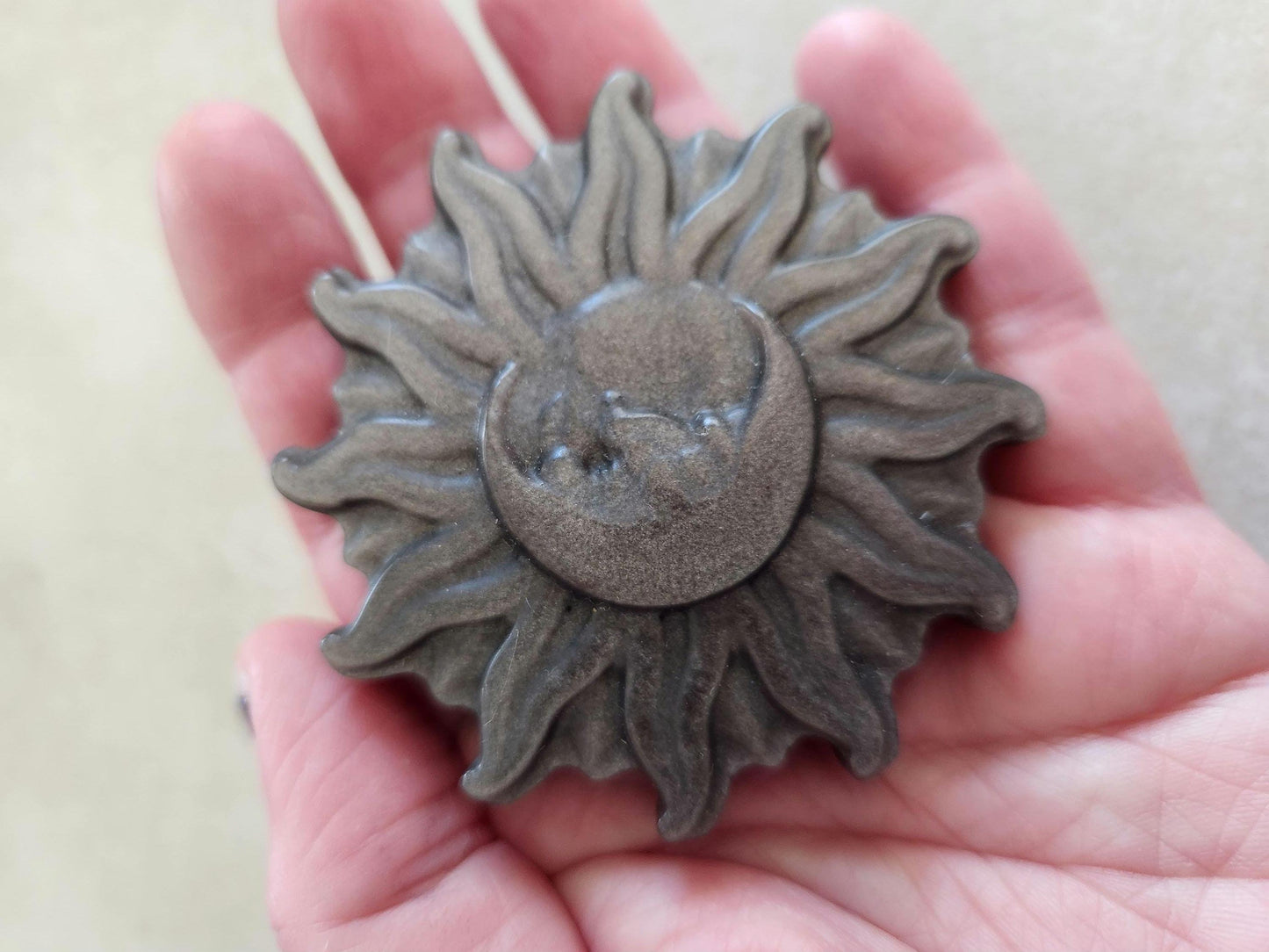 Beautiful Silver Sheen Obsidian Carved Sun and Moon Crystal with Silver Flash, One