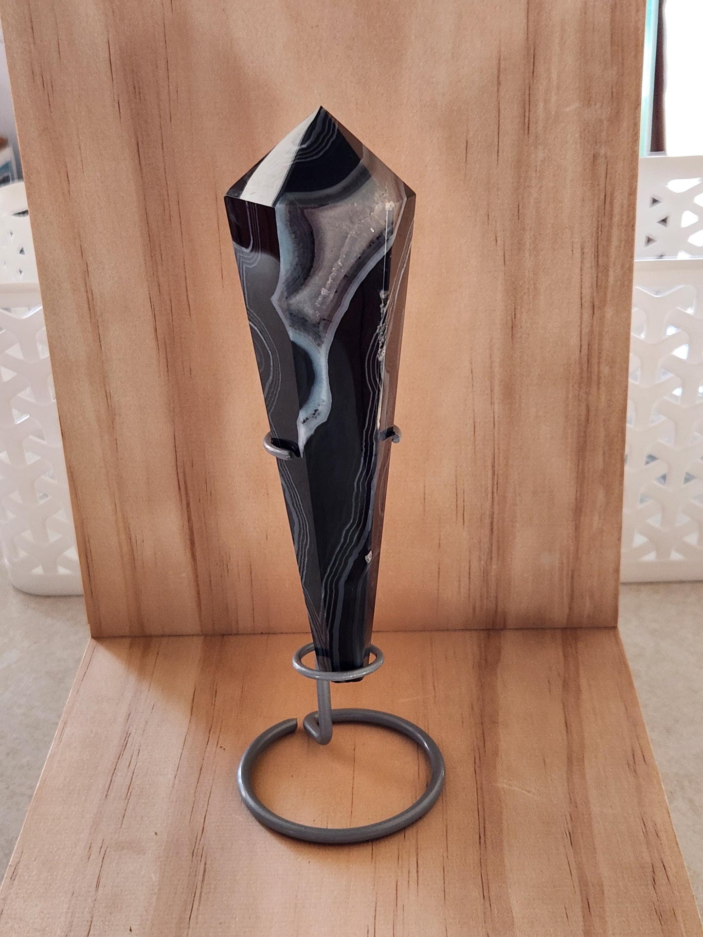 Gorgeous Black Onyx Agate Crystal Rock Wand with Druzy on a Stand