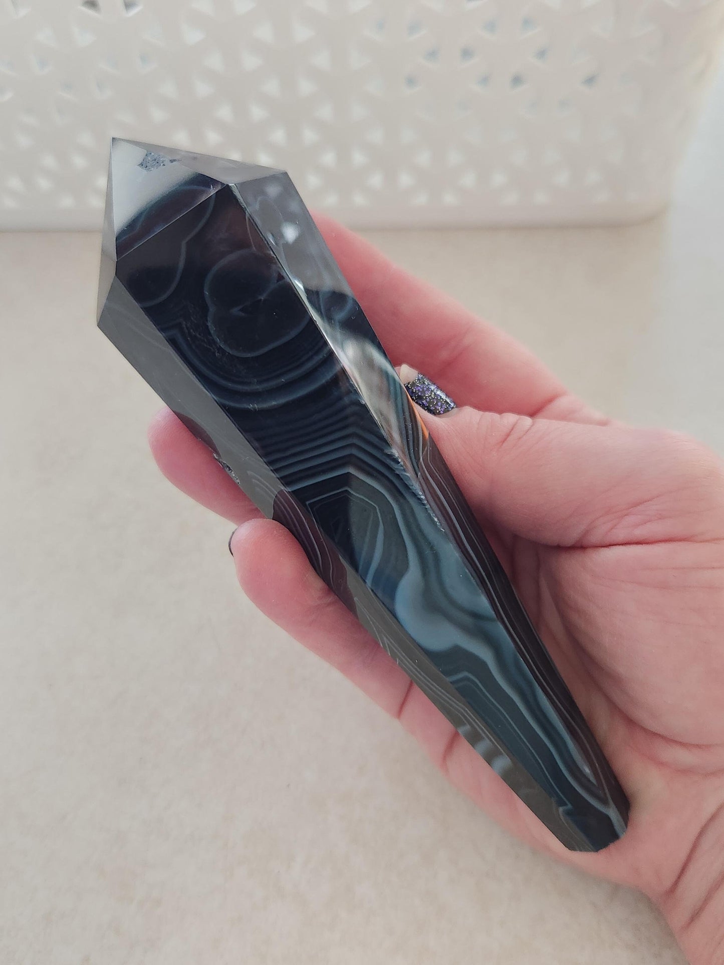 Gorgeous Black Onyx Agate Crystal Rock Wand with Druzy on a Stand