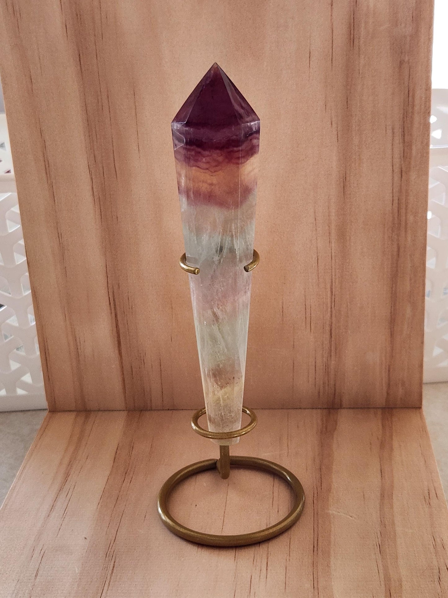 Beautiful Colorful Rainbow Fluorite Crystal Six Pointed Wand on a Stand