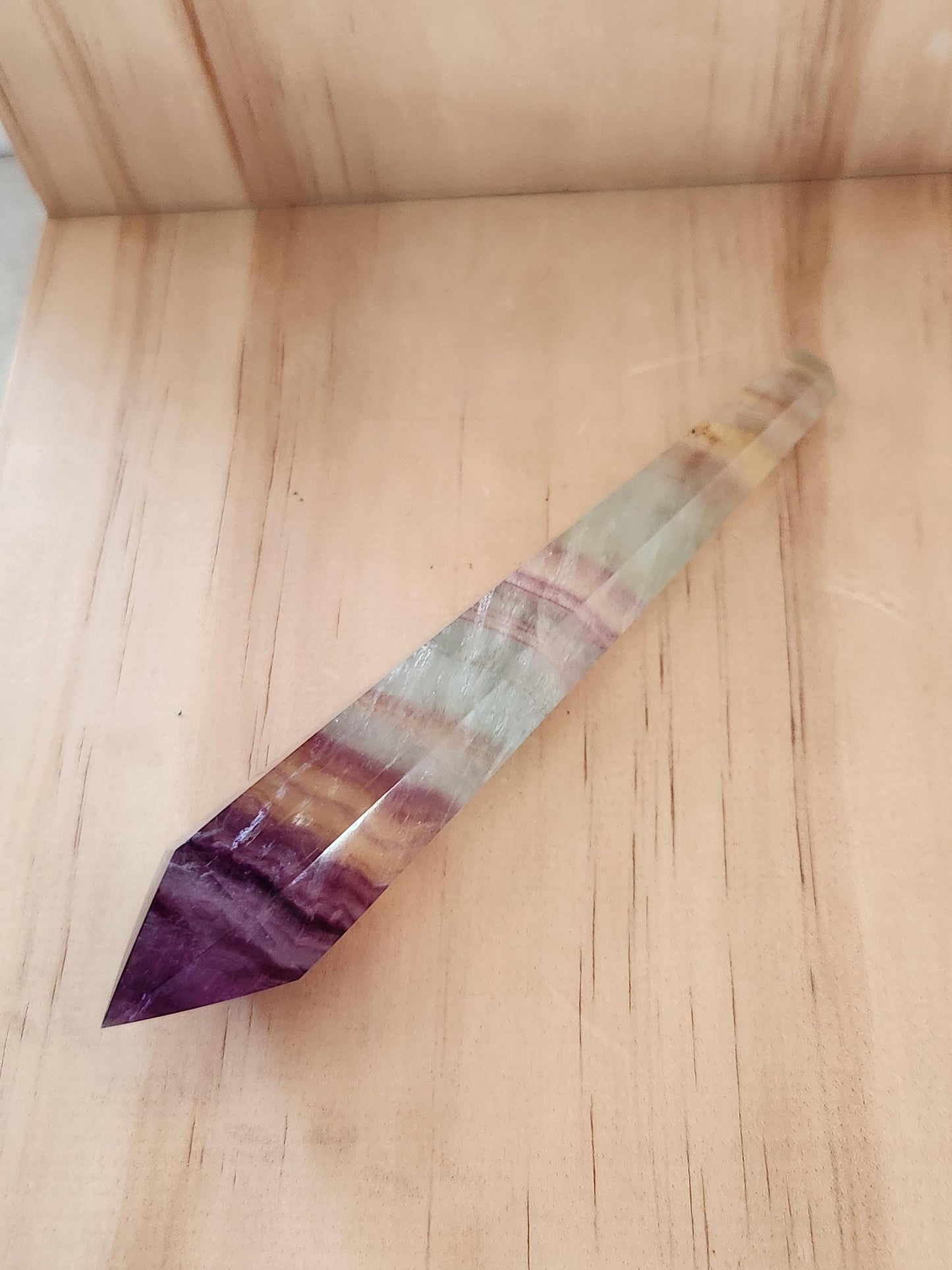 Beautiful Colorful Rainbow Fluorite Crystal Six Pointed Wand on a Stand
