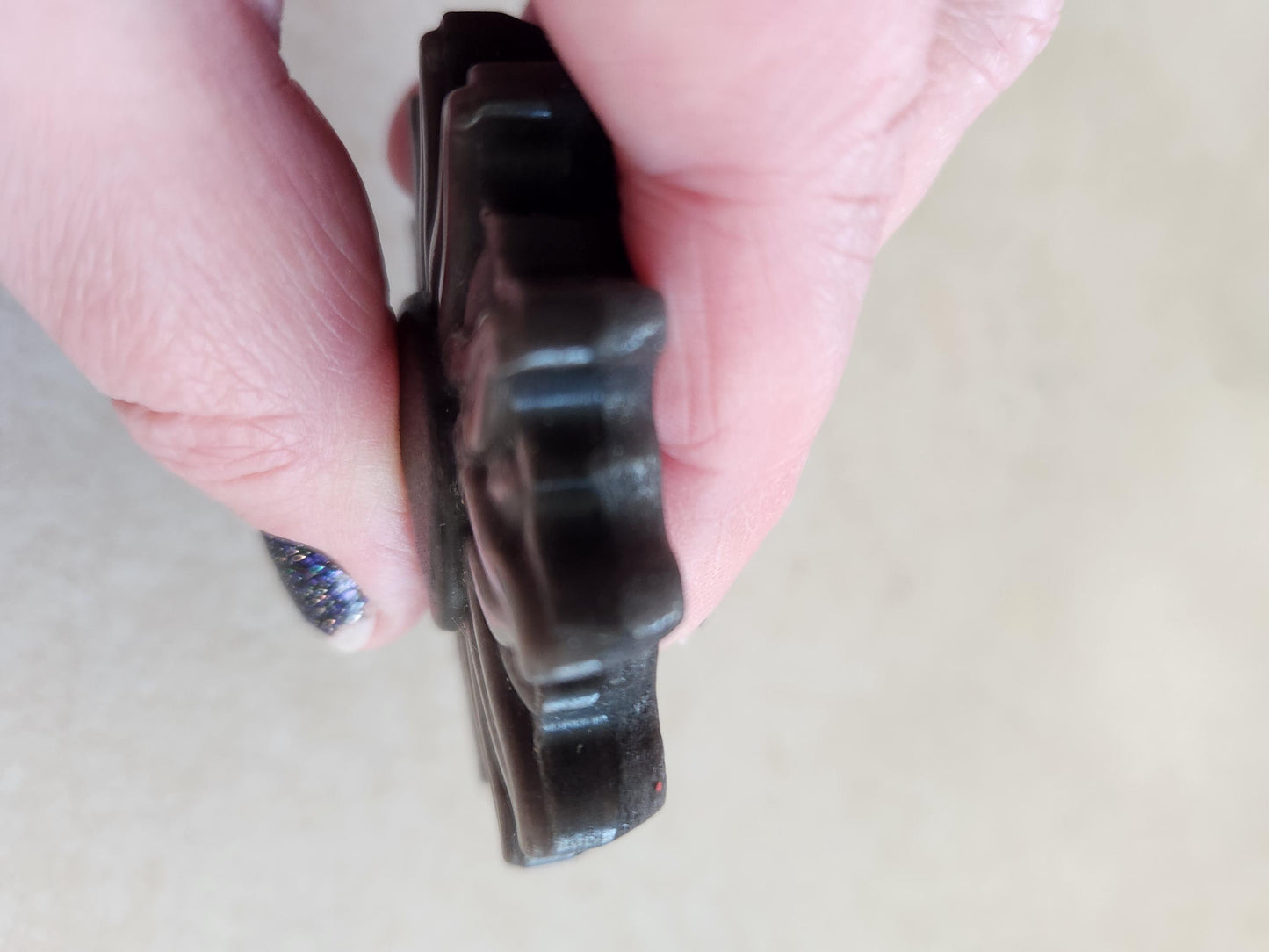 Beautiful Silver Sheen Obsidian Carved Sun and Moon Crystal with Silver Flash, One