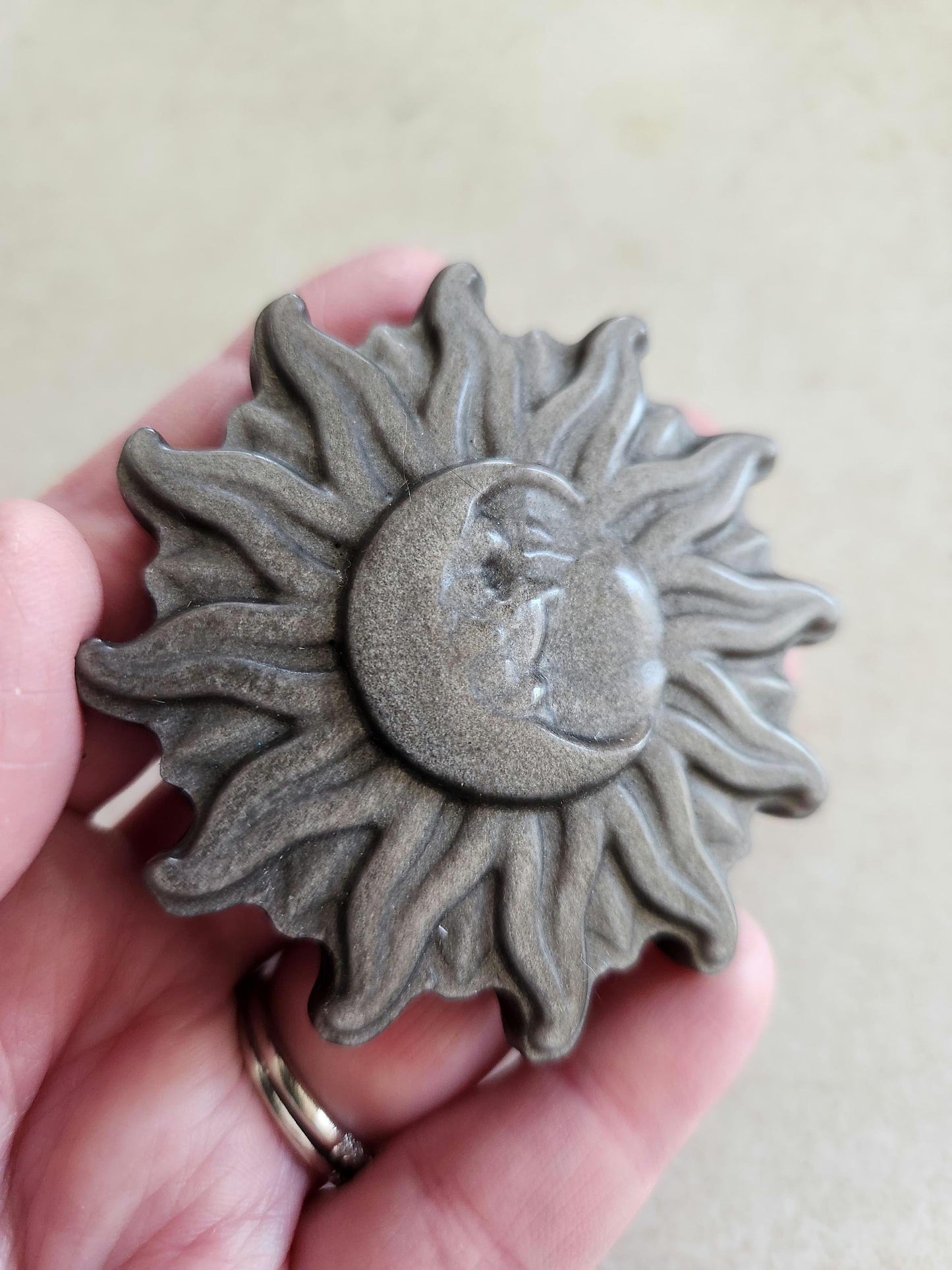 Beautiful Silver Sheen Obsidian Carved Sun and Moon Crystal with Silver Flash, One