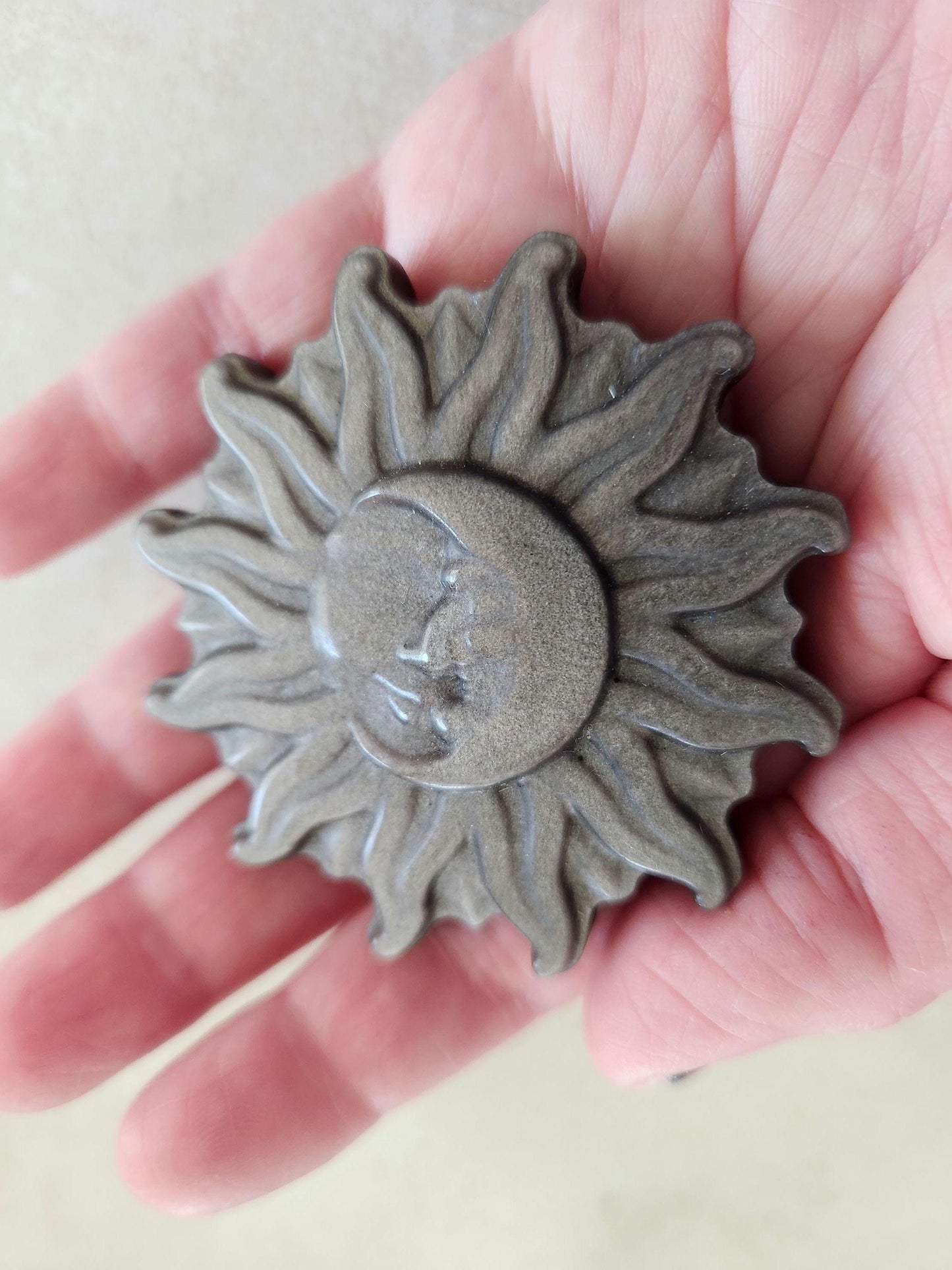 Beautiful Silver Sheen Obsidian Carved Sun and Moon Crystal with Silver Flash, One