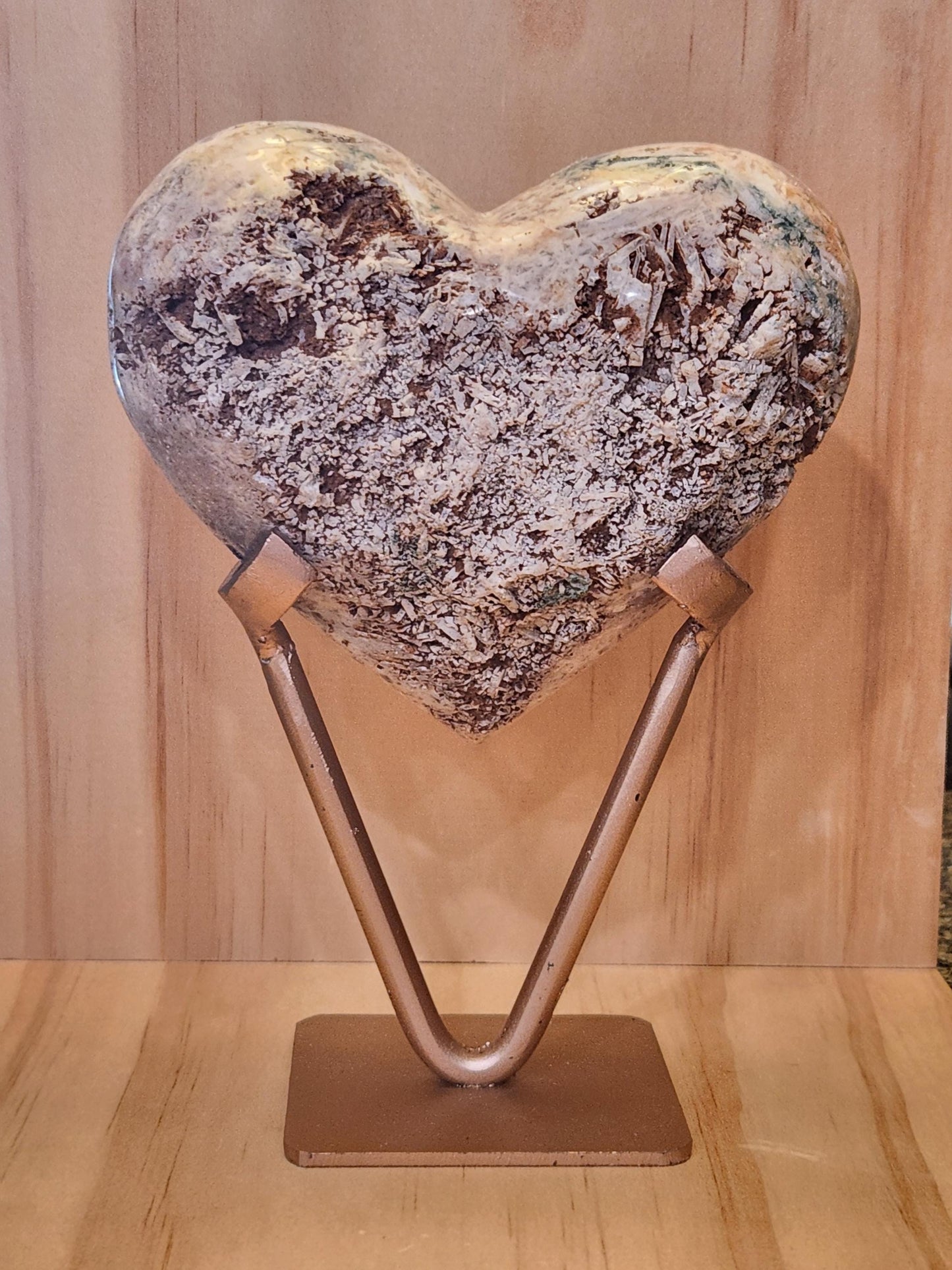 Beautiful Pink Amethyst Crystal Heart on Rose Gold Metal Stand