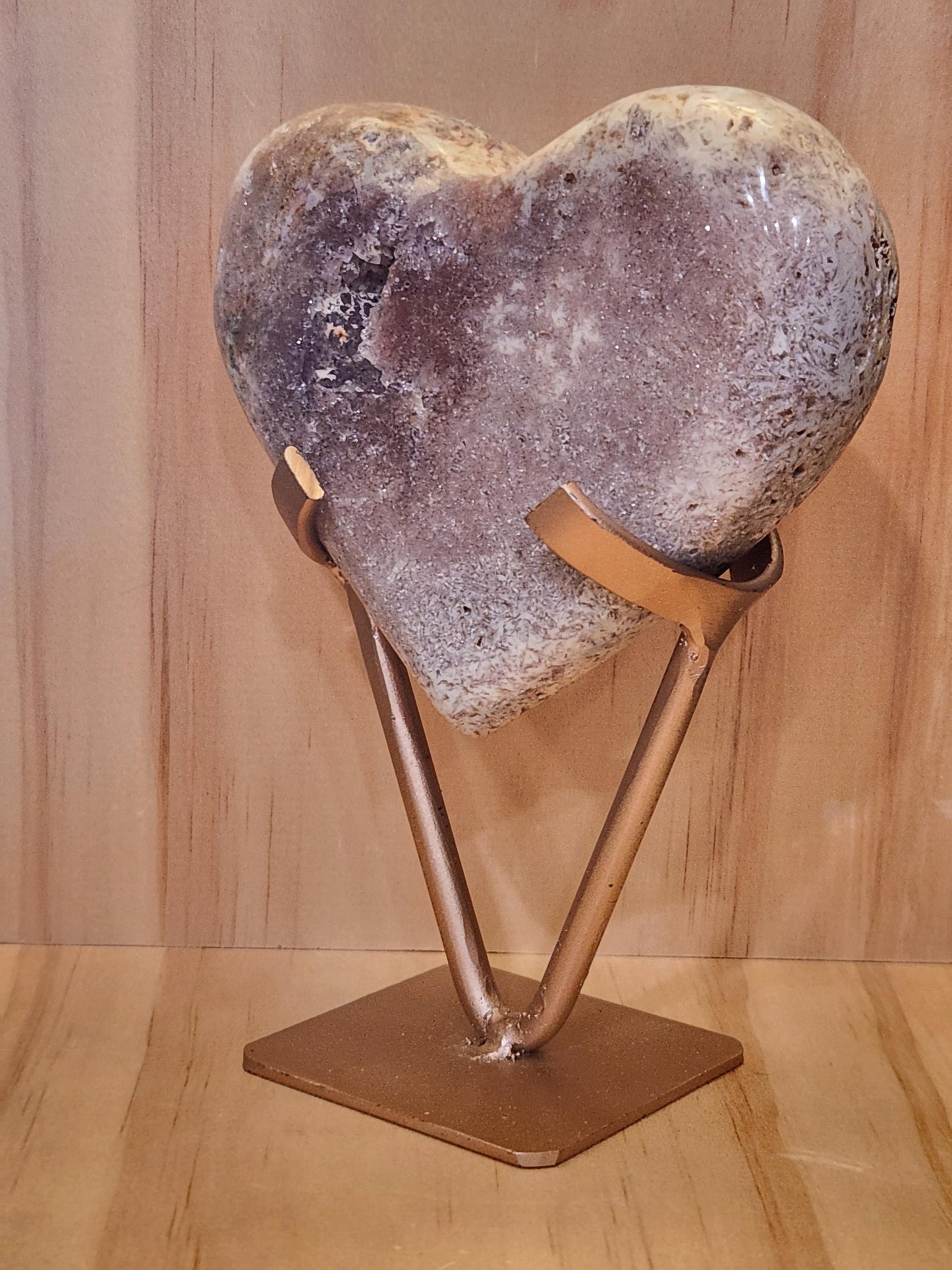 Beautiful Pink Amethyst Crystal Heart on Rose Gold Metal Stand
