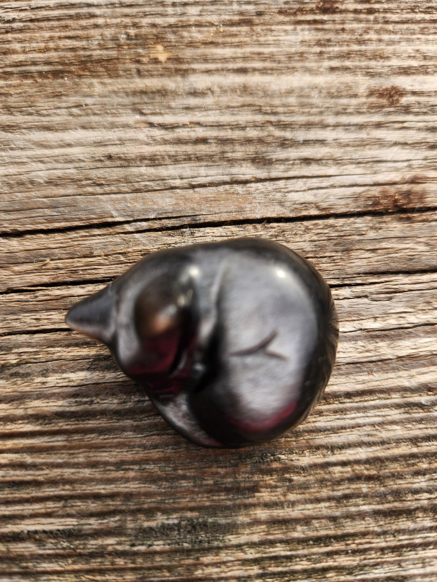 Super Cute Silver Sheen Obsidian Small Sleeping Cat Natural Stone Crystal with flash, 1 cat