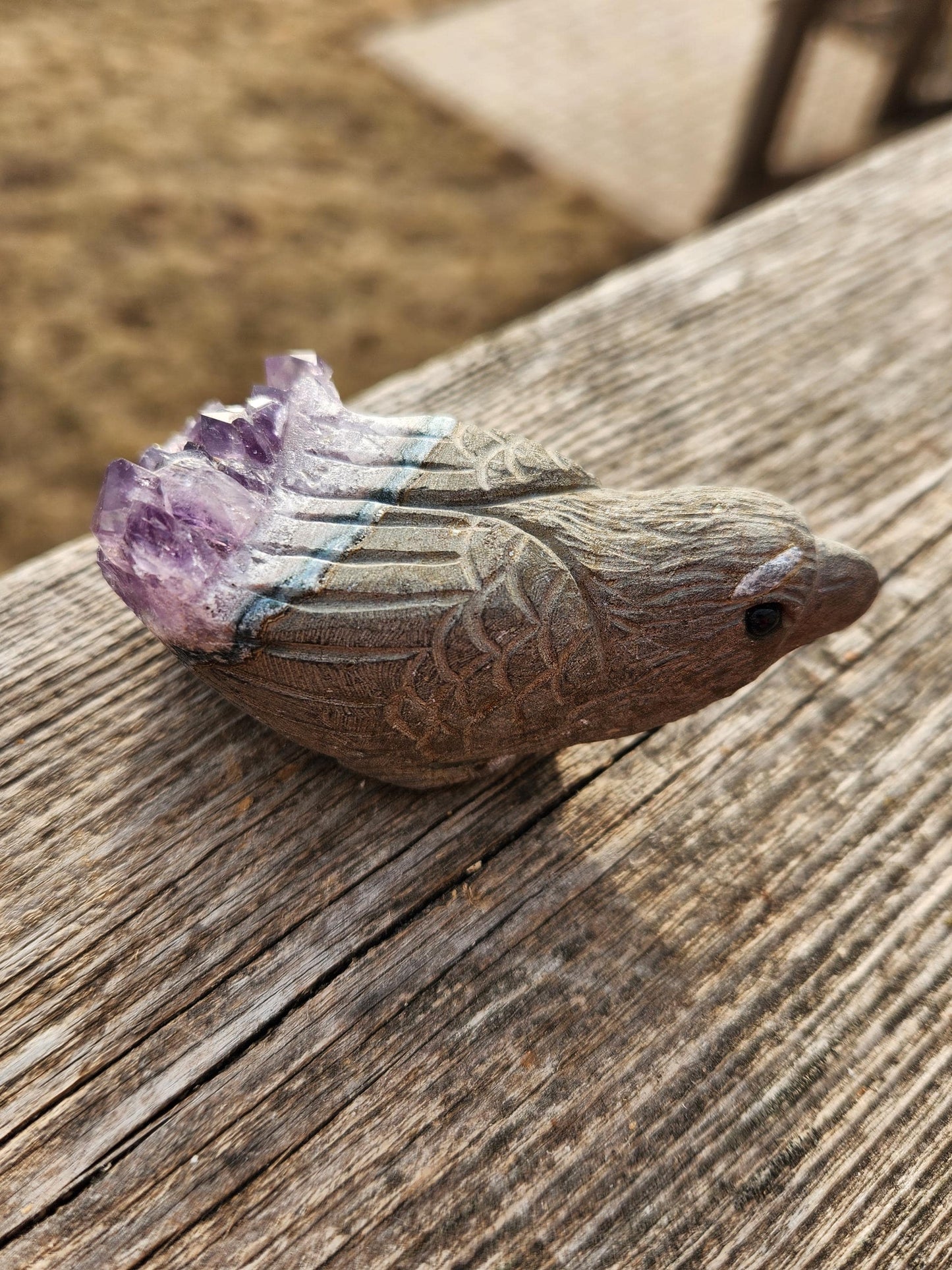 Super Unique Purple Amethyst with Matrix Eagle Or Hawk Bird Carving Natural Stone Crystal