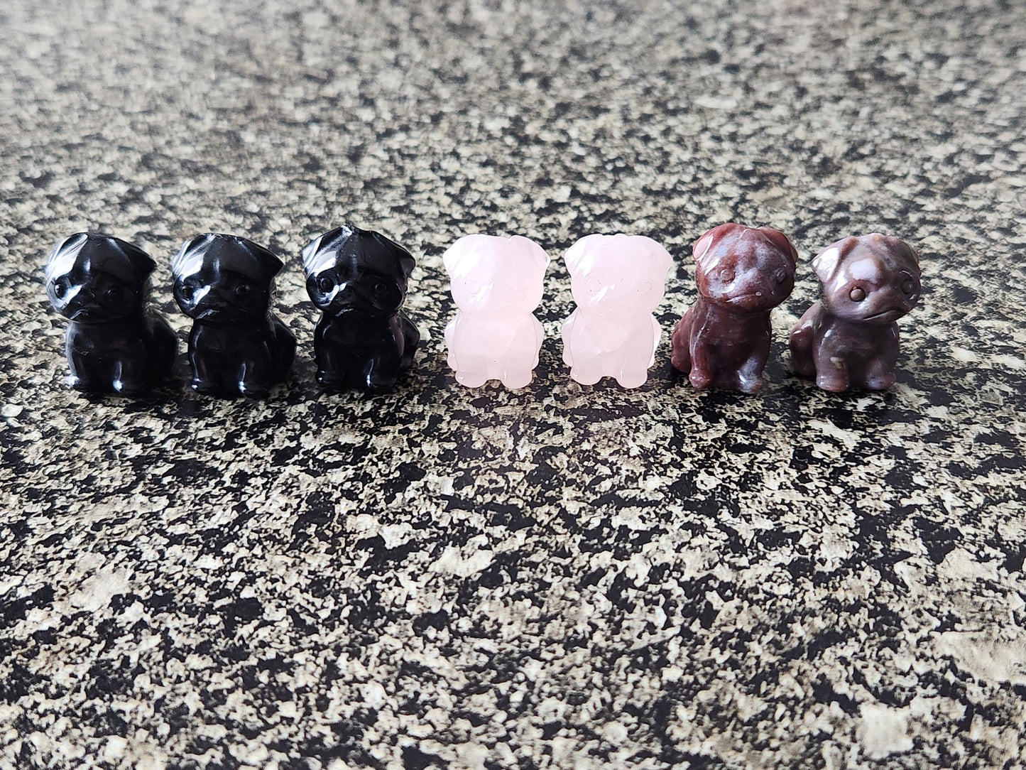 Cute Carved Mini Pugs Dog, Rose Quartz, Black Obsidian Or Indian Agate, 1 Crystal Dog