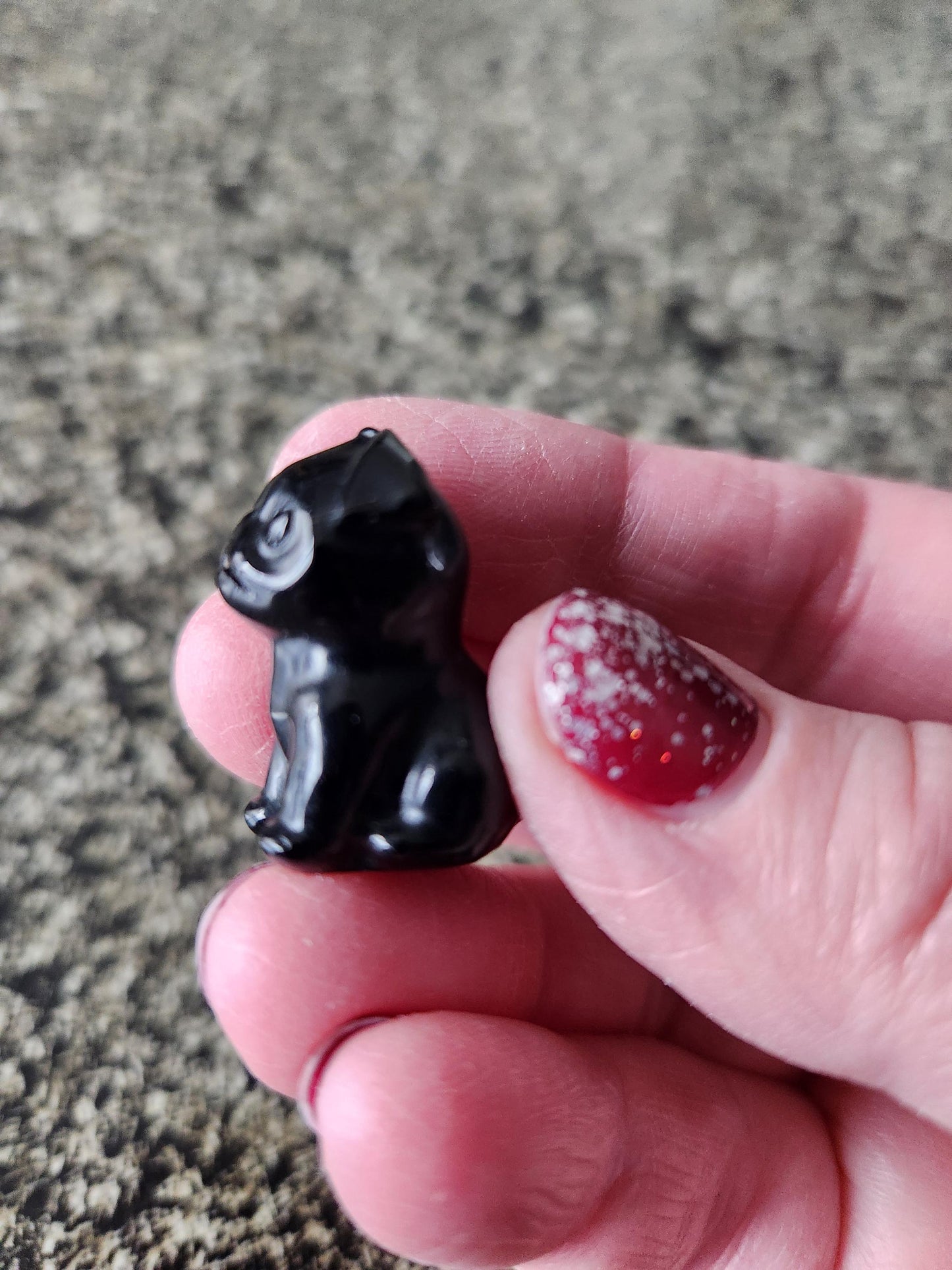 Cute Carved Mini Pugs Dog, Rose Quartz, Black Obsidian Or Indian Agate, 1 Crystal Dog