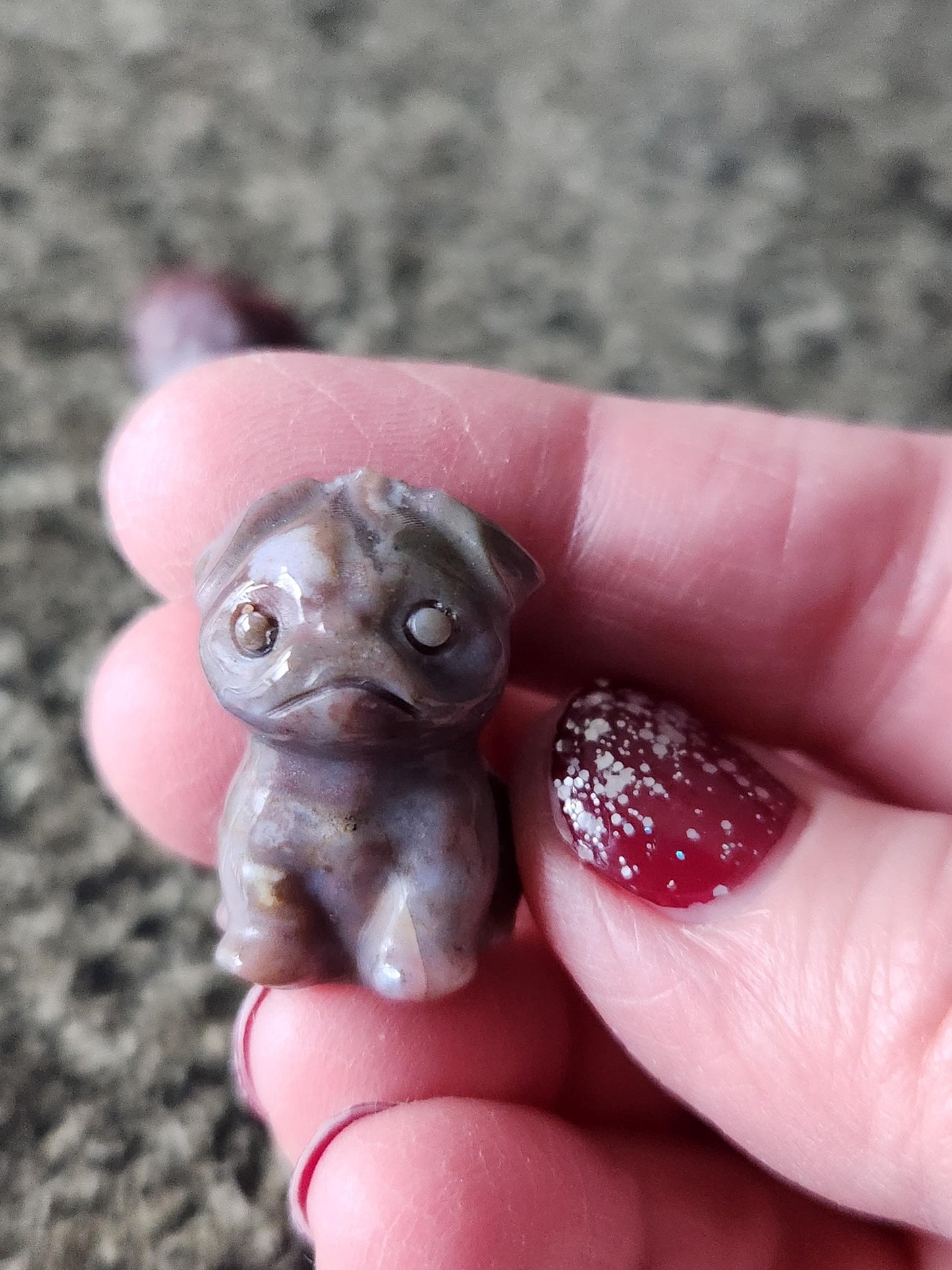 Carved Crystal Pug: Rose Quartz, Black Obsidian, or Indian Agate, One