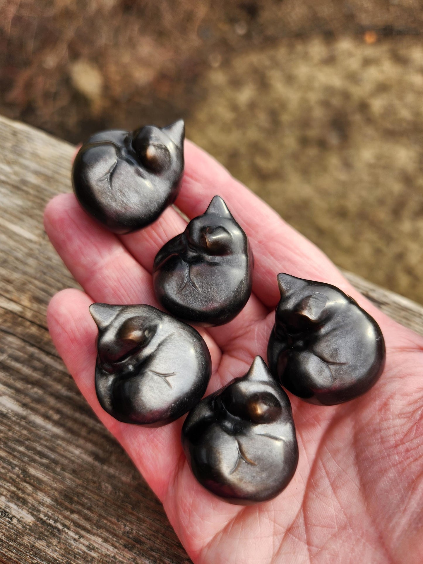 Super Cute Silver Sheen Obsidian Small Sleeping Cat Natural Stone Crystal with flash, 1 cat