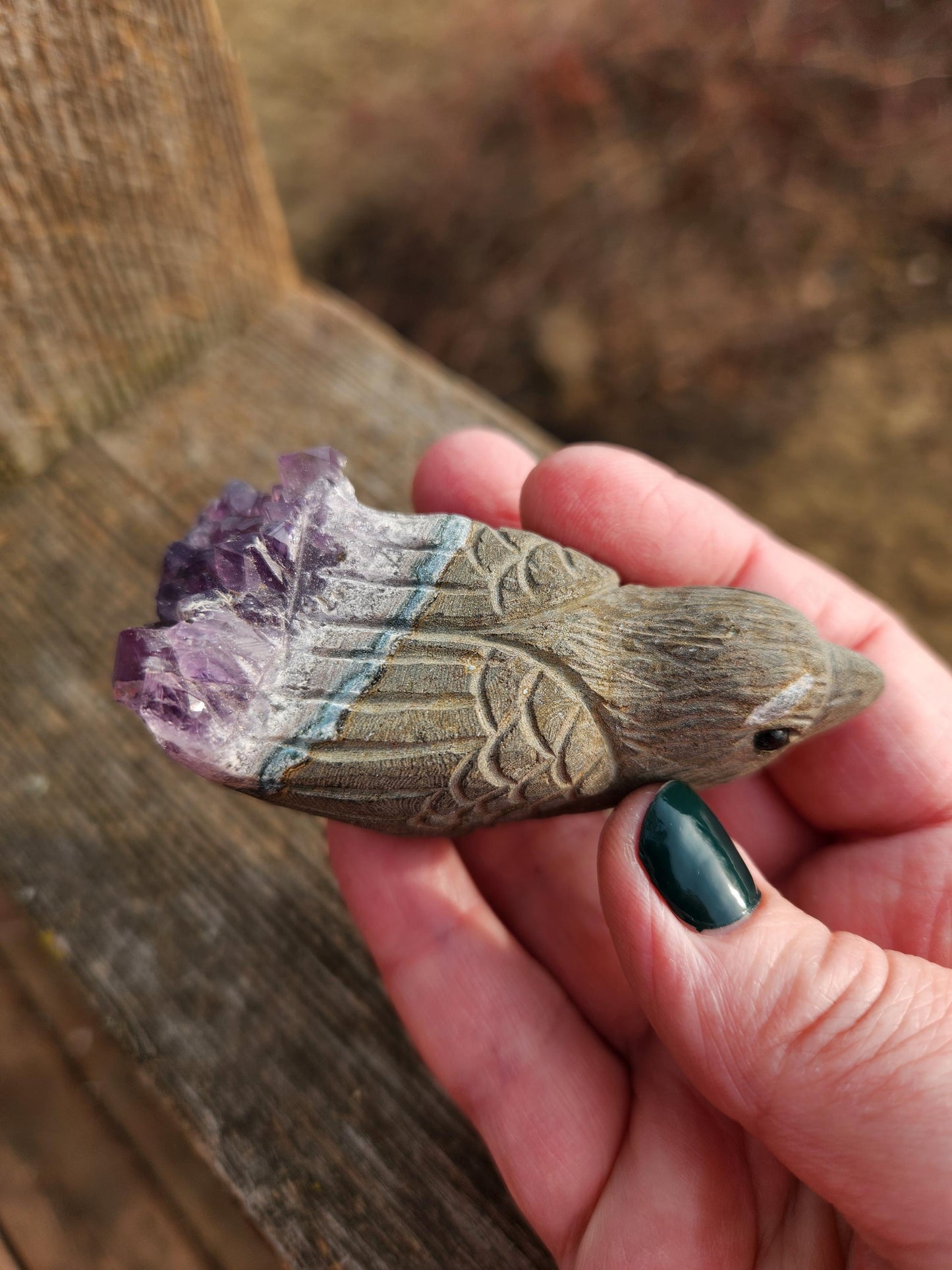 Super Unique Purple Amethyst with Matrix Eagle Or Hawk Bird Carving Natural Stone Crystal