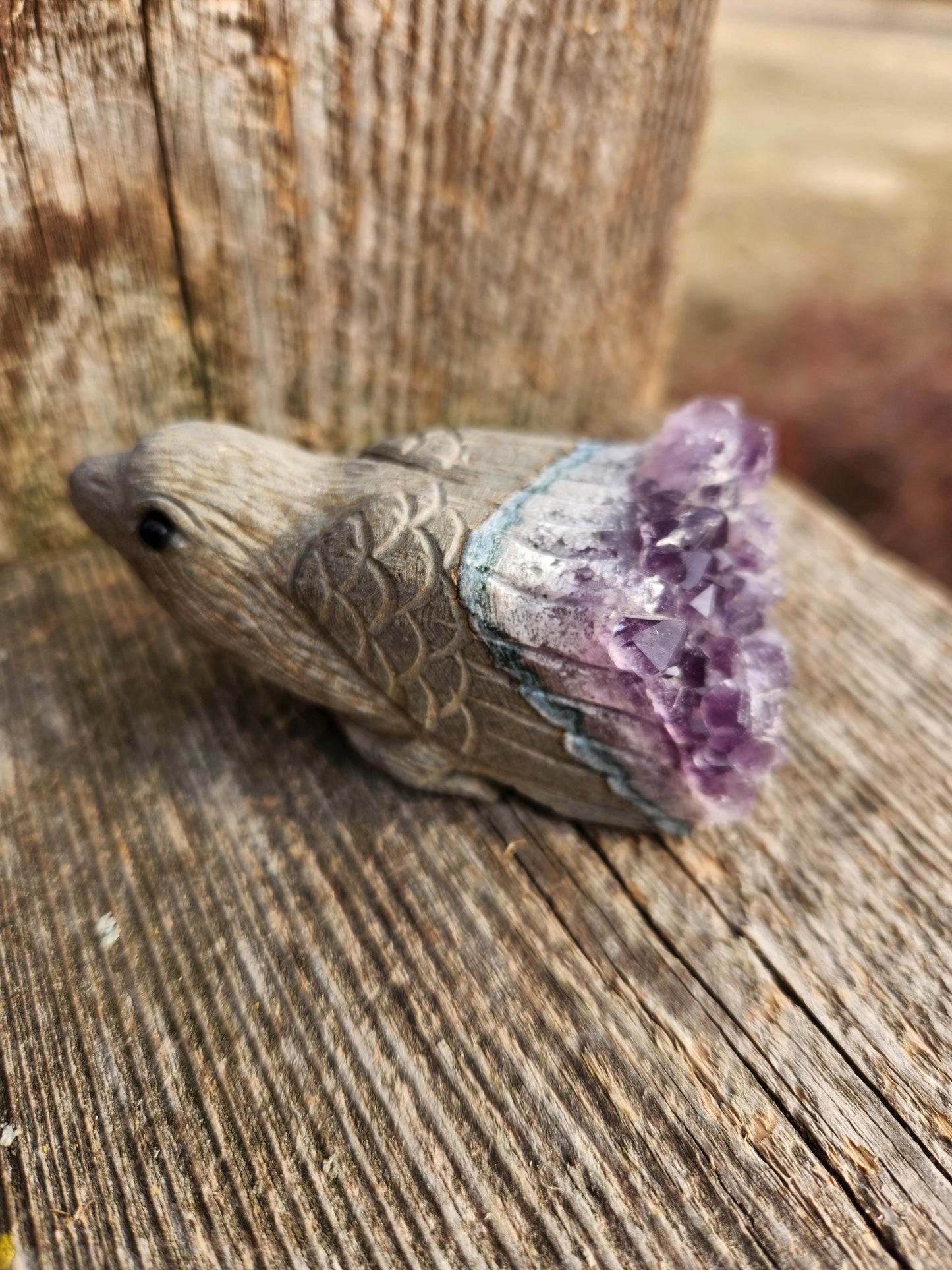 Super Unique Purple Amethyst with Matrix Eagle Or Hawk Bird Carving Natural Stone Crystal