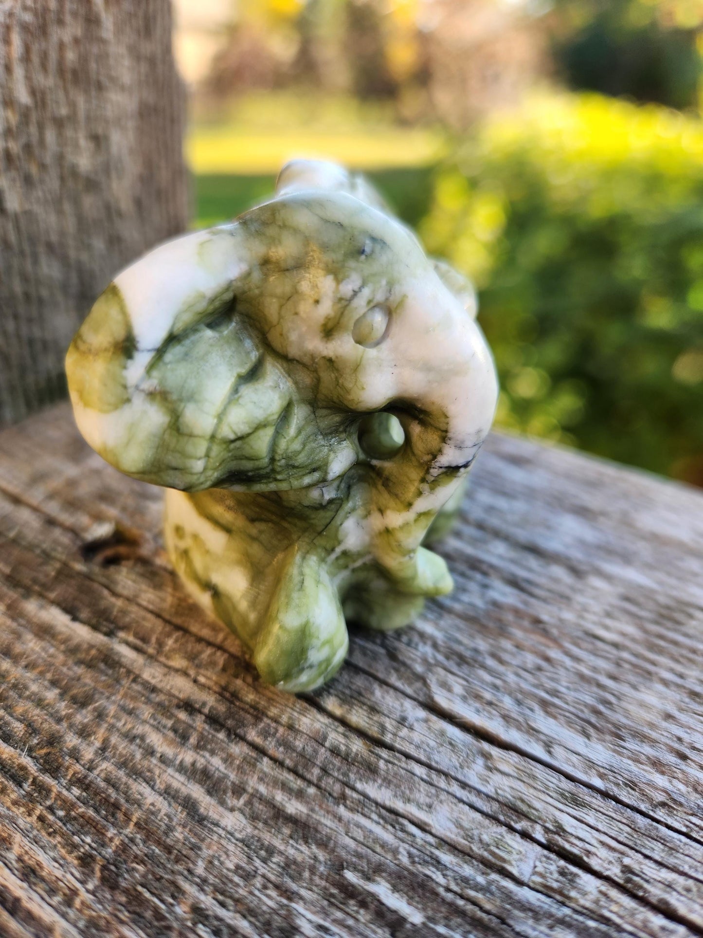 Green & White Carved Jade Elephant Crystal Stone