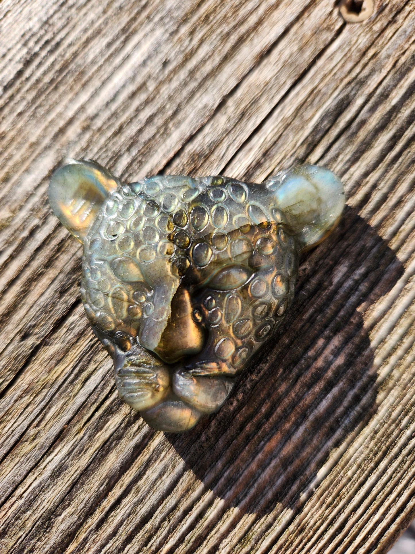 Very Unique Labradorite Leopard Head Carved Crystal with flash, Palm Sized