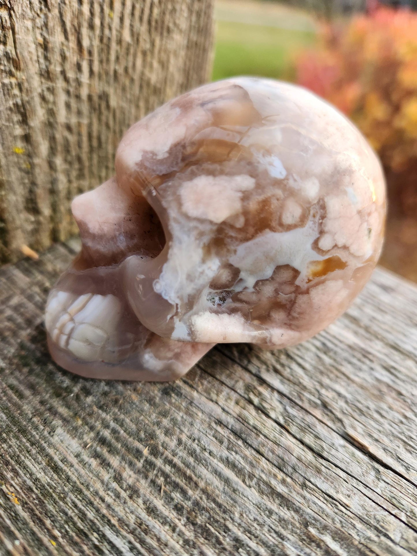 Flower Agate Crystal Skull: Long Face Carving, Baraka, 2.4"