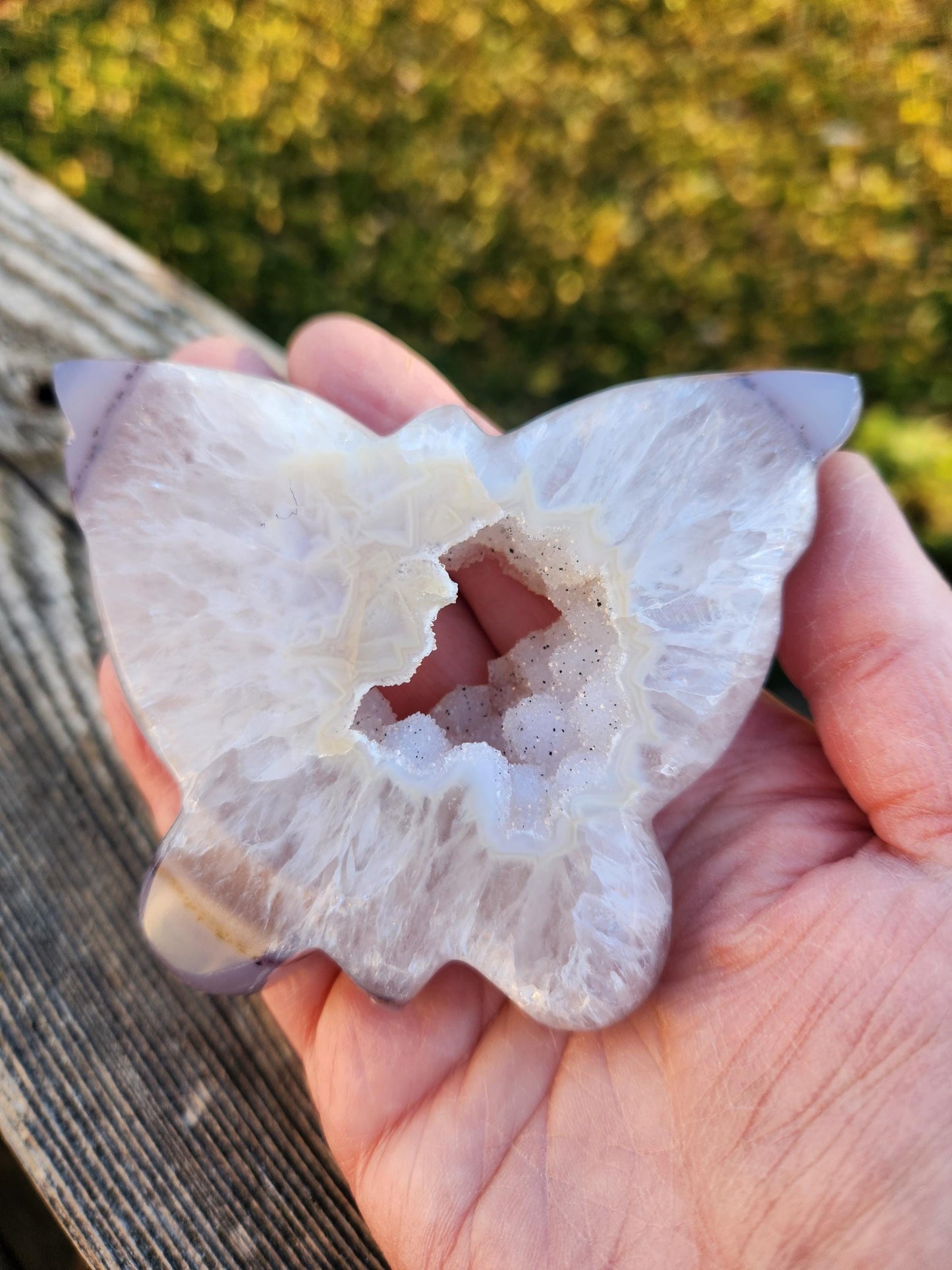 Stunningly Beautiful White and Purple Tipped Druzy Thick Slab Cut Agate Butterfly with black metal stand, Portal, Rainbows!