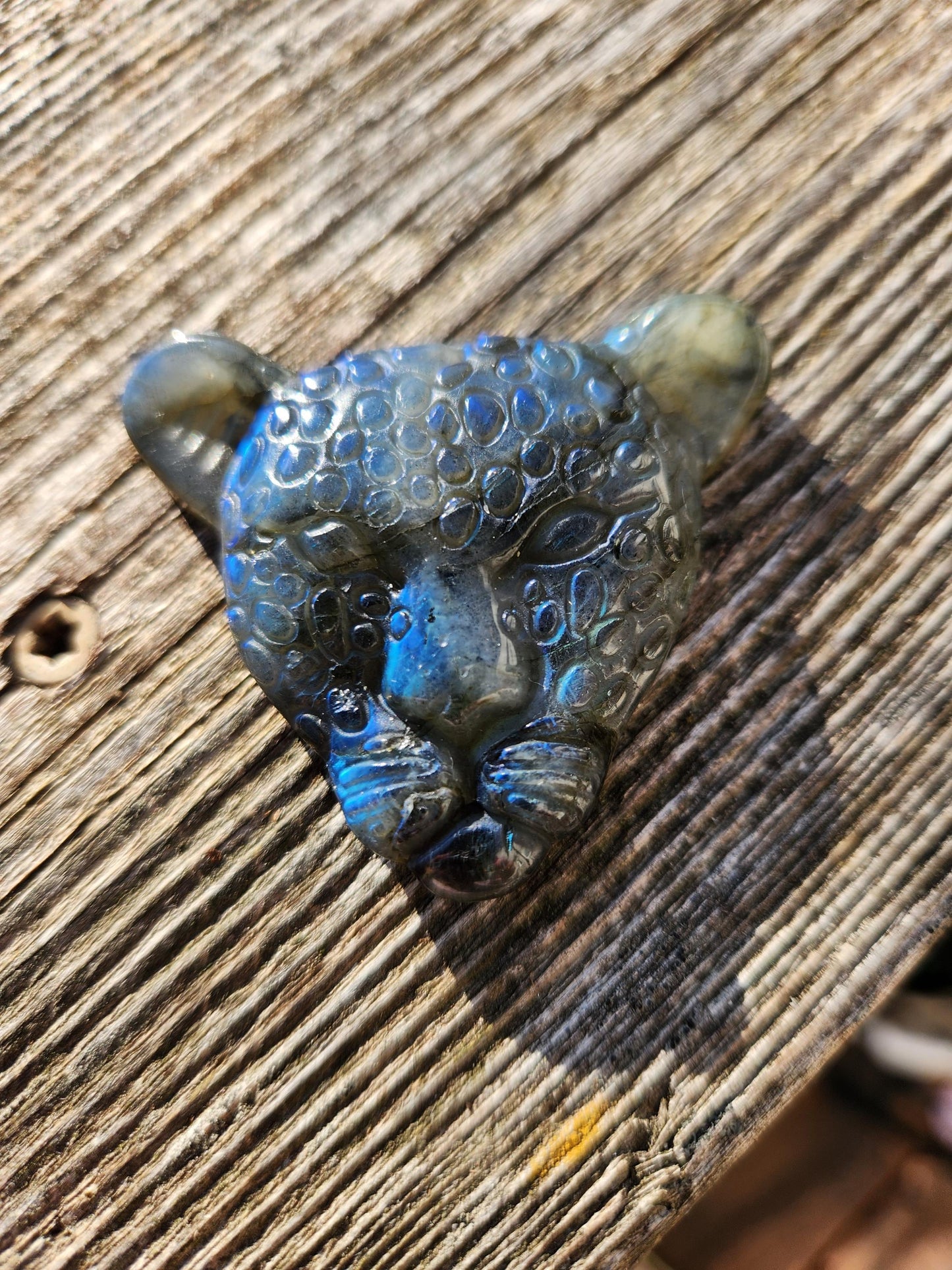 Very Unique Labradorite Leopard Head Carved Crystal with blue flash, Palm Sized