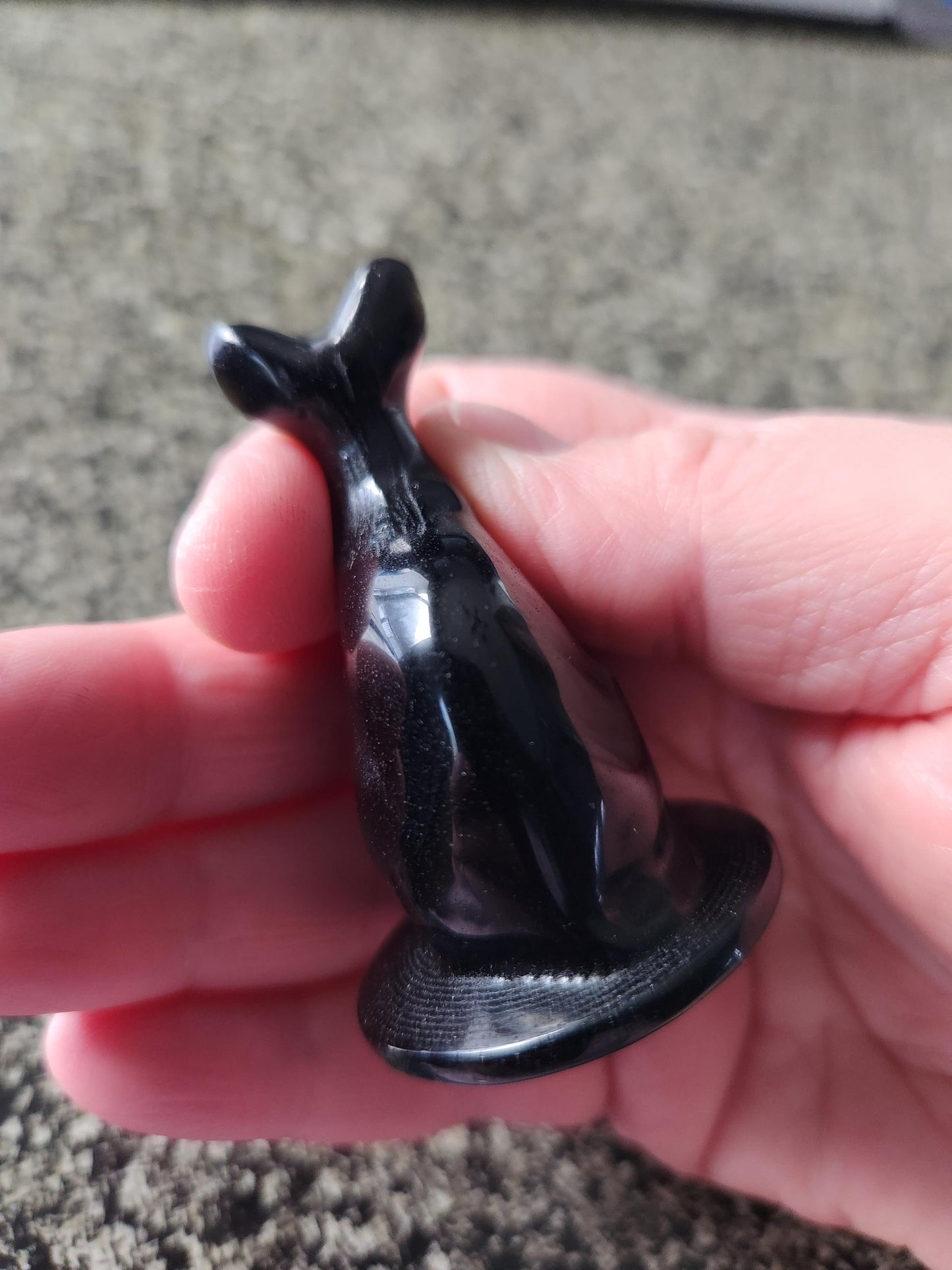 Black Obsidian Cat Figurine: Natural Stone Crystal, Sphynx