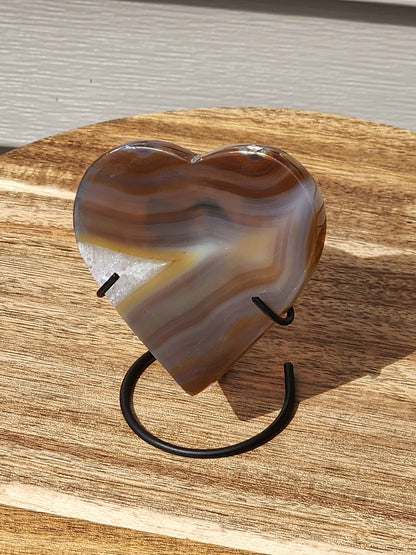 Beautiful High Buttery Polished Druzy Agate Crystal Rock Heart Slice on metal stand